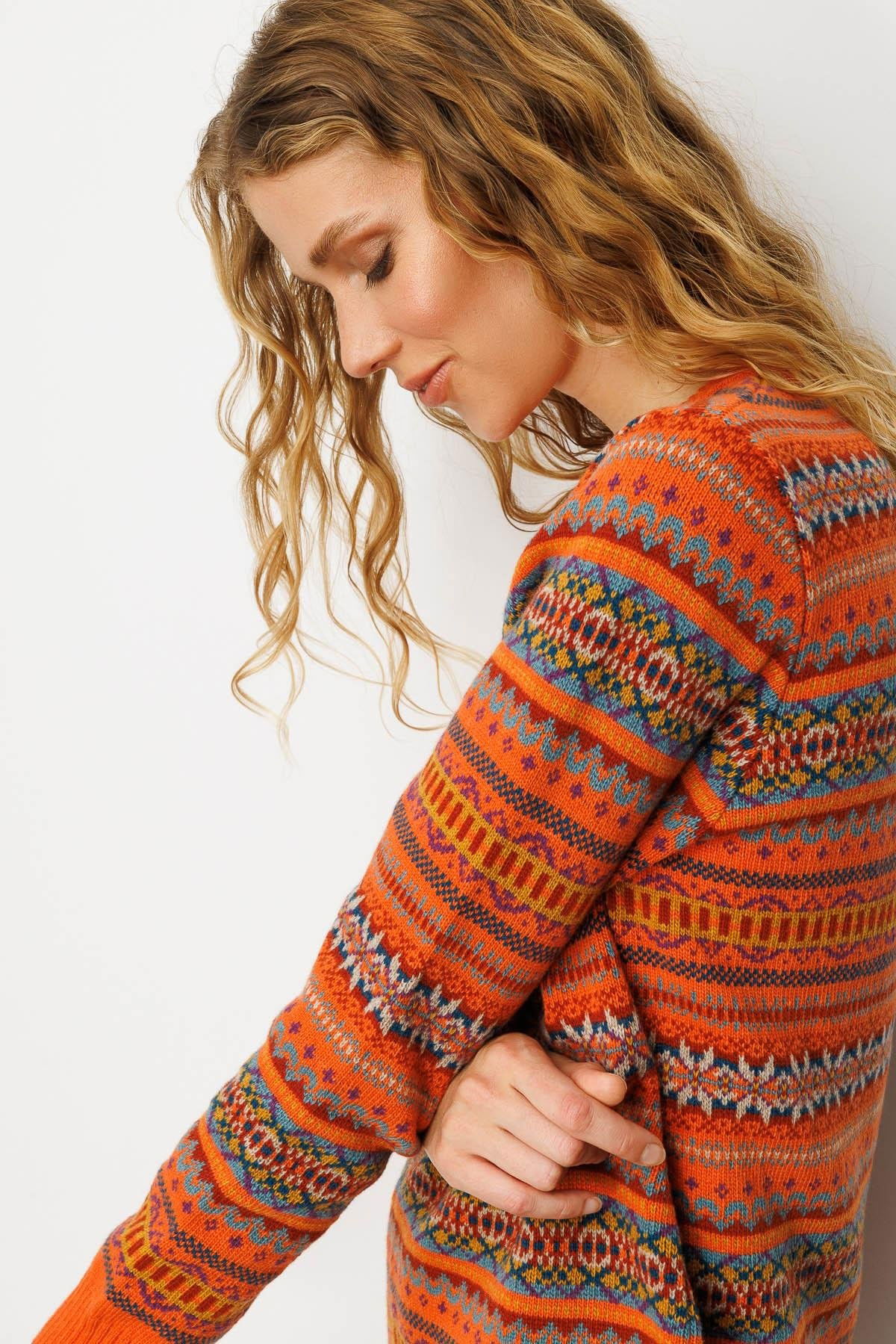 Desen Triko Kadın Sıfır Yaka Komple Jakarlı Yün Kazak 25100 Portakal - 3