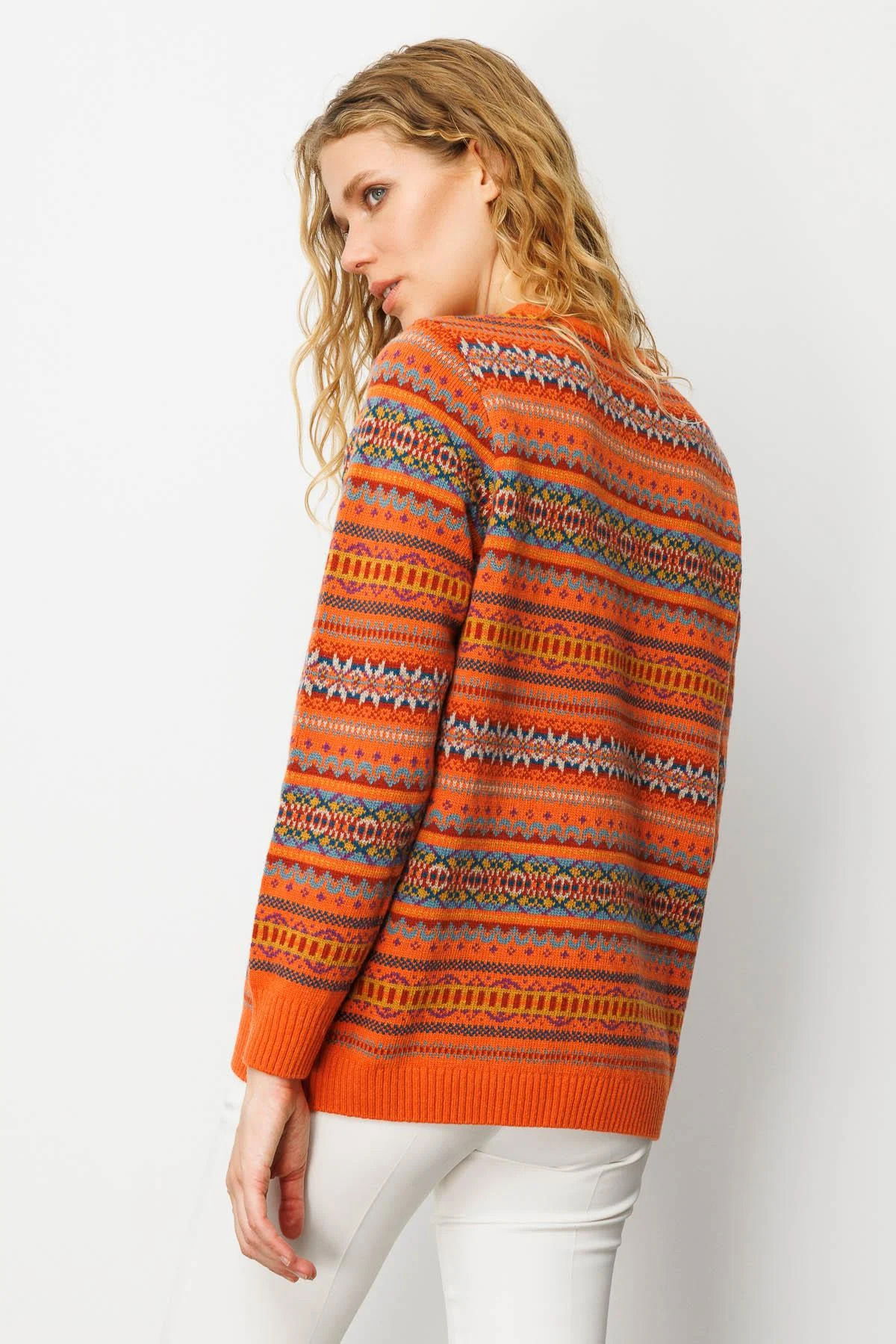 Desen Triko Kadın Sıfır Yaka Komple Jakarlı Yün Kazak 25100 Portakal - 4