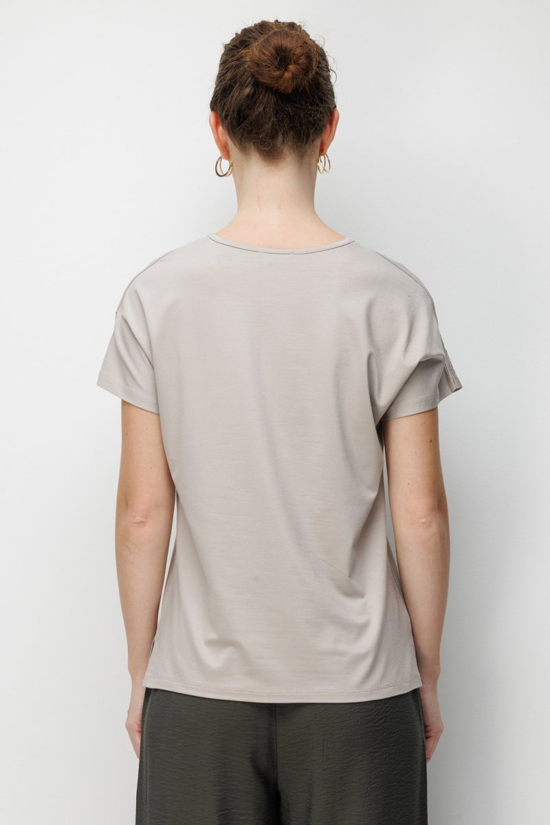 Desen Triko Kadın Sıfır Yaka Nakış İşlemeli Düşük Kollu Penye T-Shirt 26702 Bej - 4