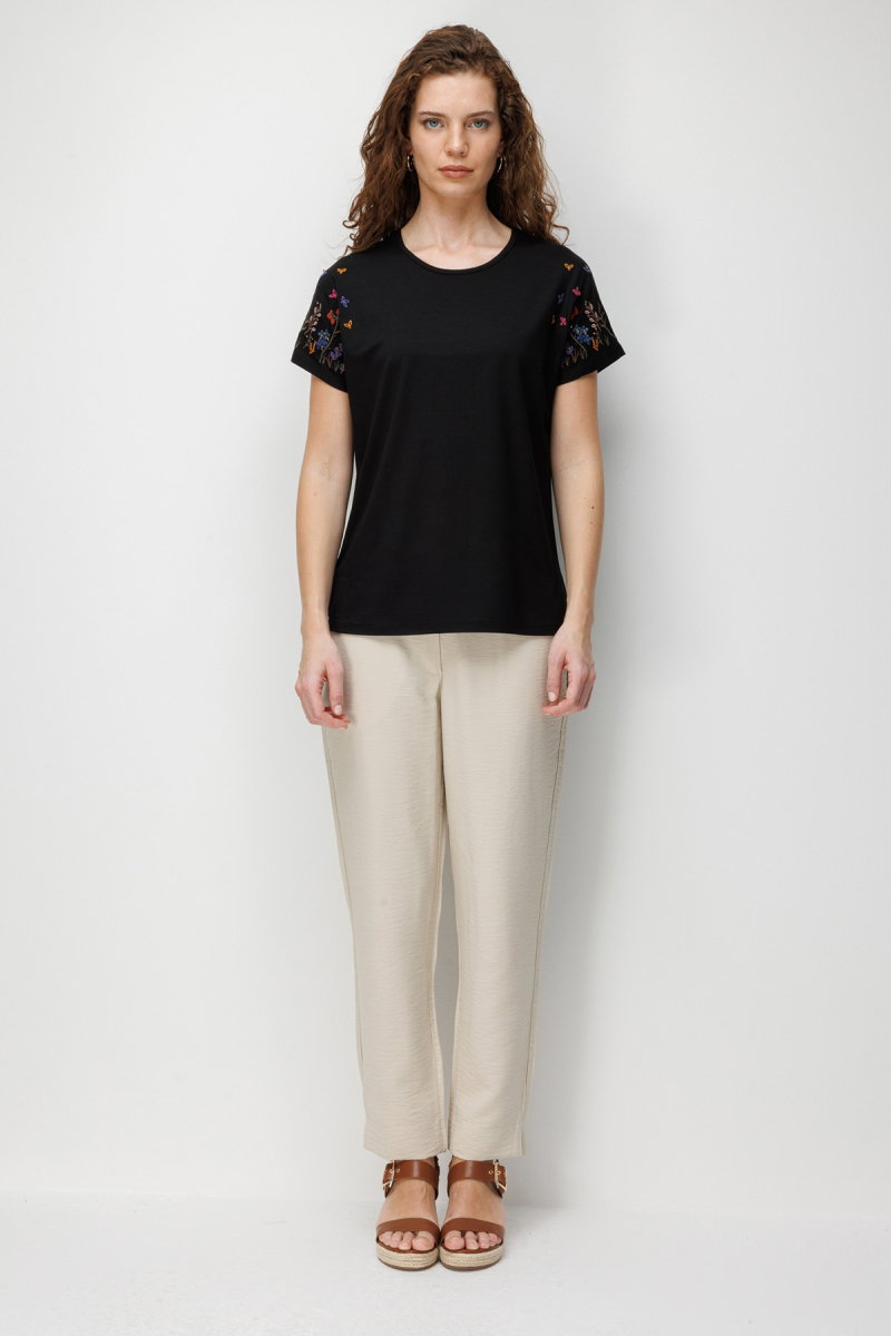 Desen Triko Kadın Sıfır Yaka Nakış İşlemeli Düşük Kollu Penye T-Shirt 26702 Siyah - 3