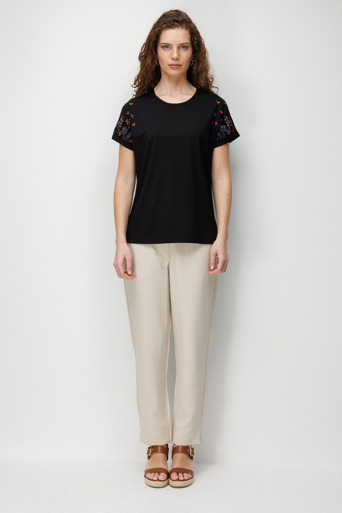 Desen Triko Kadın Sıfır Yaka Nakış İşlemeli Düşük Kollu Penye T-Shirt 26702 Siyah - 3