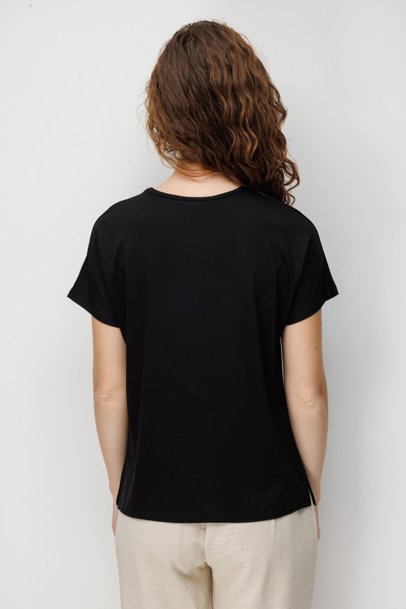 Desen Triko Kadın Sıfır Yaka Nakış İşlemeli Düşük Kollu Penye T-Shirt 26702 Siyah - 4