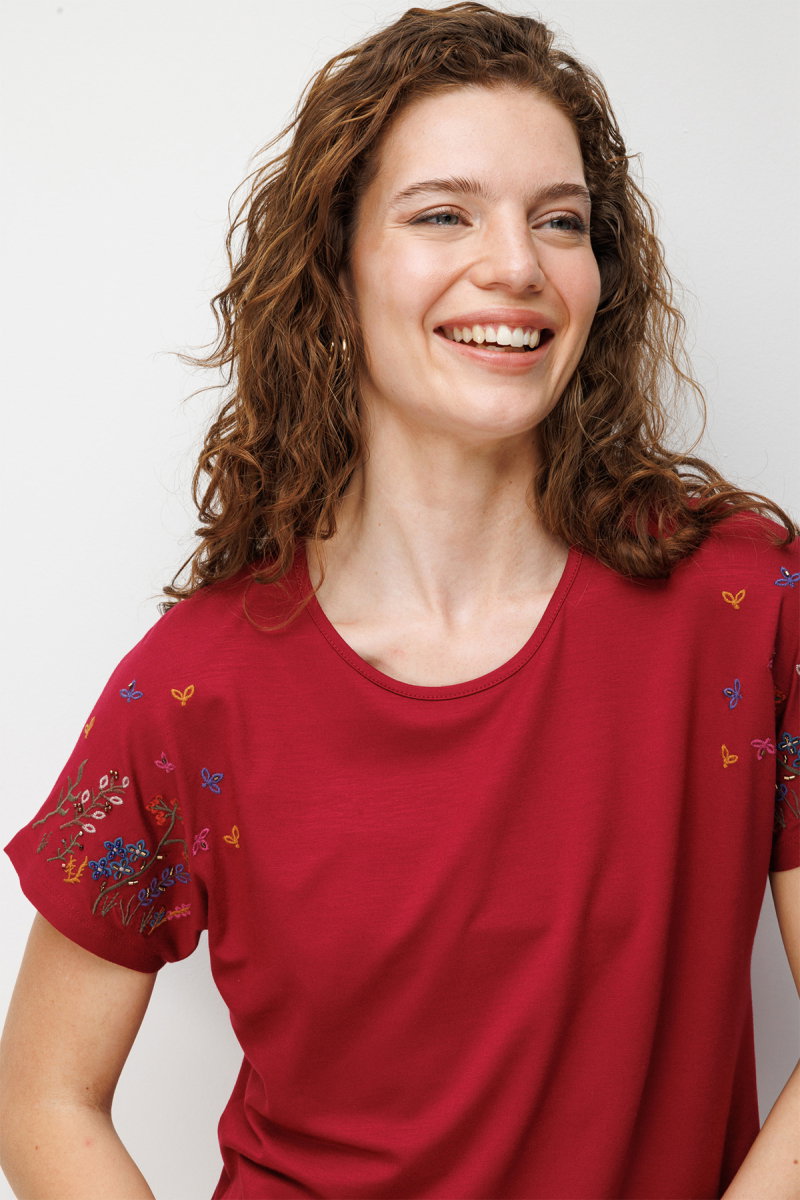 Desen Triko Kadın Sıfır Yaka Nakış İşlemeli Düşük Kollu Penye T-Shirt 26702 Vişne - 2