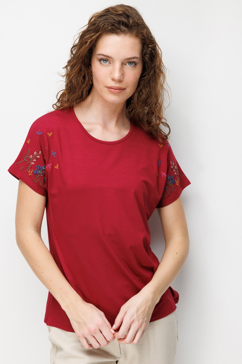 Desen Triko Kadın Sıfır Yaka Nakış İşlemeli Düşük Kollu Penye T-Shirt 26702 Vişne - 3