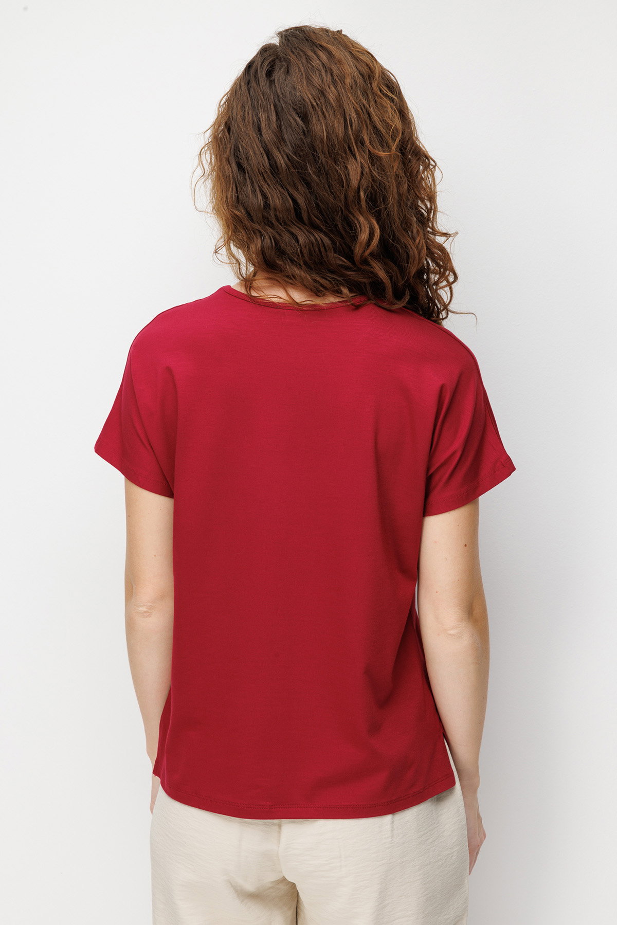 Desen Triko Kadın Sıfır Yaka Nakış İşlemeli Düşük Kollu Penye T-Shirt 26702 Vişne - 4