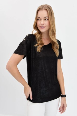 Desen Triko Kadın Sıfır Yaka Omuzları Düğmeli T-Shirt KMY24028 Siyah - 1