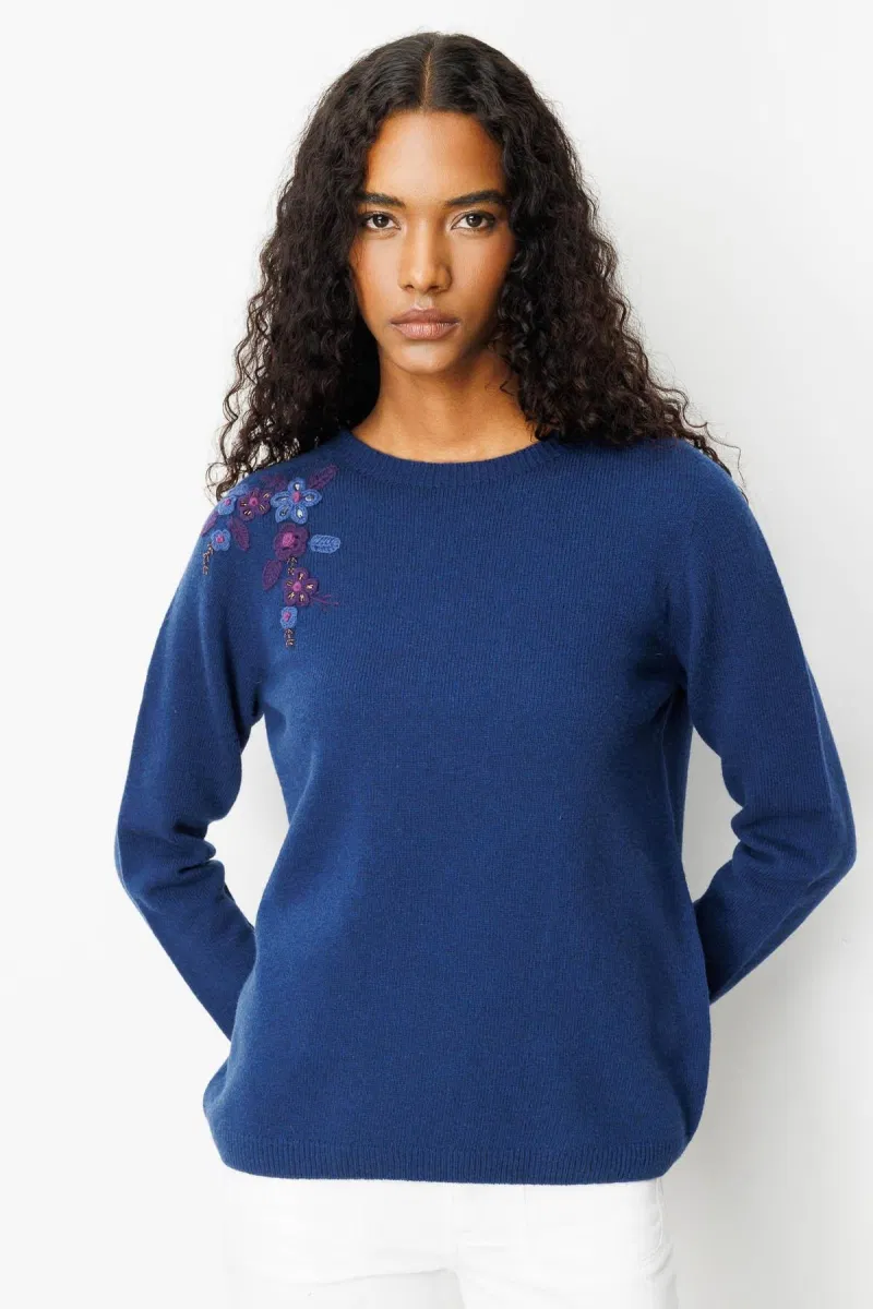 Desen Triko Kadın Sıfır Yaka Omzu İşlemeli Yün Kazak 25204 Indigo - Desen Triko
