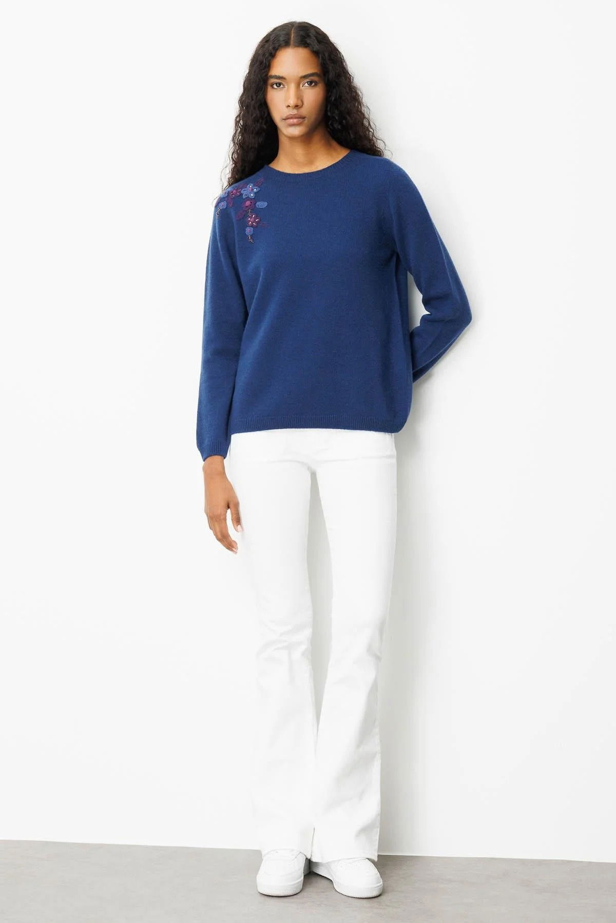 Desen Triko Kadın Sıfır Yaka Omzu İşlemeli Yün Kazak 25204 Indigo - 2