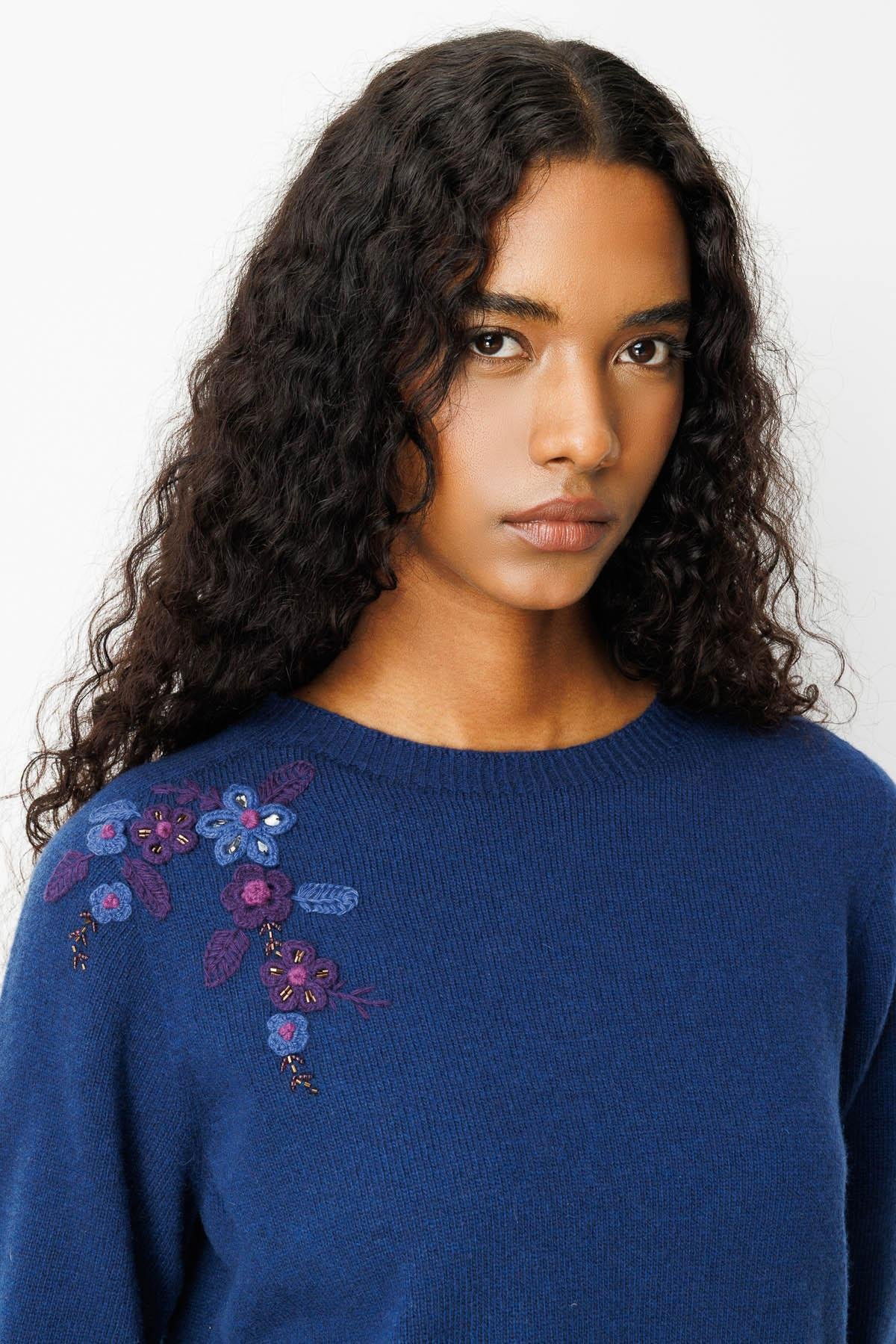 Desen Triko Kadın Sıfır Yaka Omzu İşlemeli Yün Kazak 25204 Indigo - 3