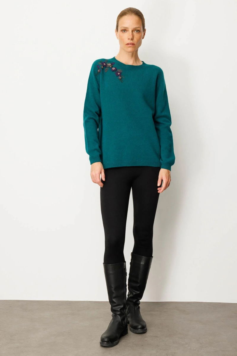 Desen Triko Kadın Sıfır Yaka Omzu İşlemeli Yün Kazak 25204 Ördek Yeşili - Desen Triko