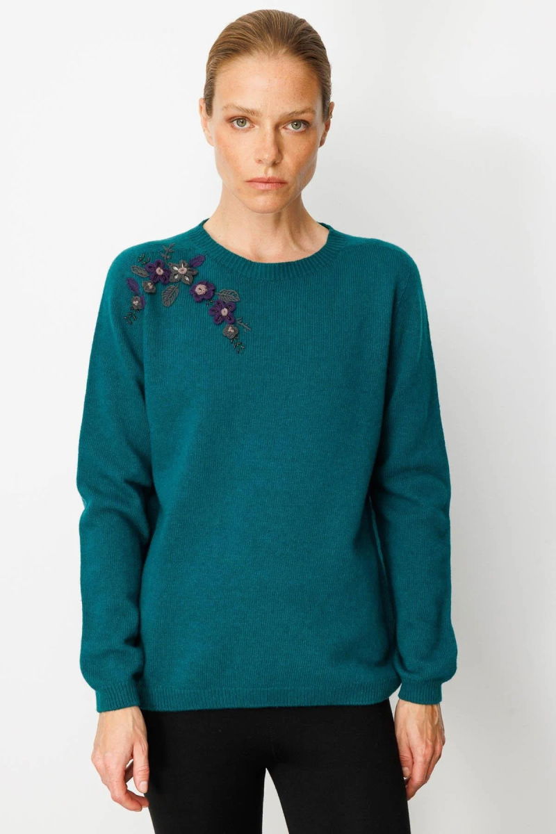 Desen Triko Kadın Sıfır Yaka Omzu İşlemeli Yün Kazak 25204 Ördek Yeşili - 2