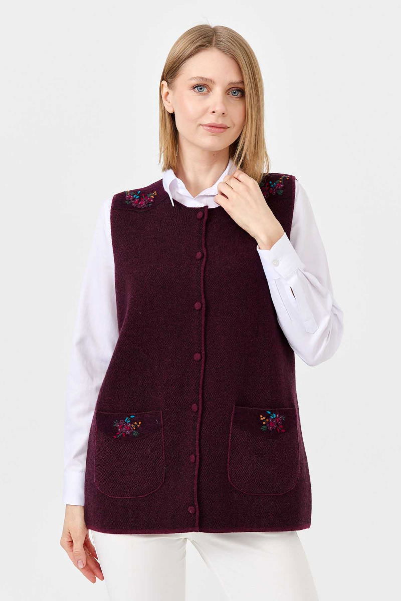 Desen Triko Kadın Sıfır Yaka Omzu ve Cep Kapağı Keçeli İşlemeli Düğmeli Yelek 0242113 Mürdüm 