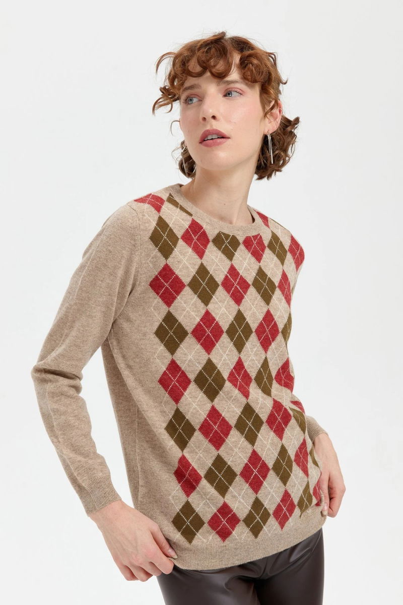 Desen Triko Kadın Sıfır Yaka Önü Baklava Desenli Yün Kazak 24035 K. Bej - 3