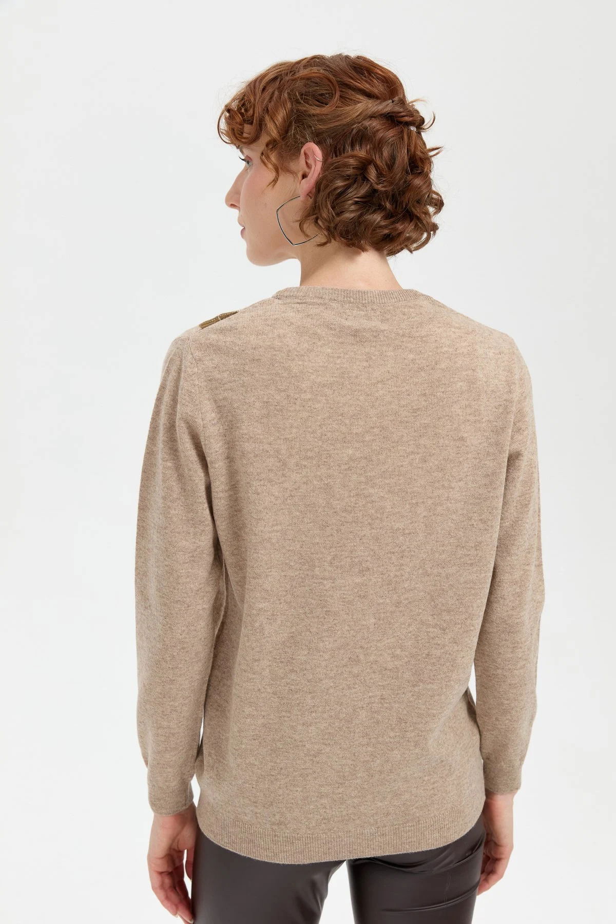 Desen Triko Kadın Sıfır Yaka Önü Baklava Desenli Yün Kazak 24035 K. Bej - 4