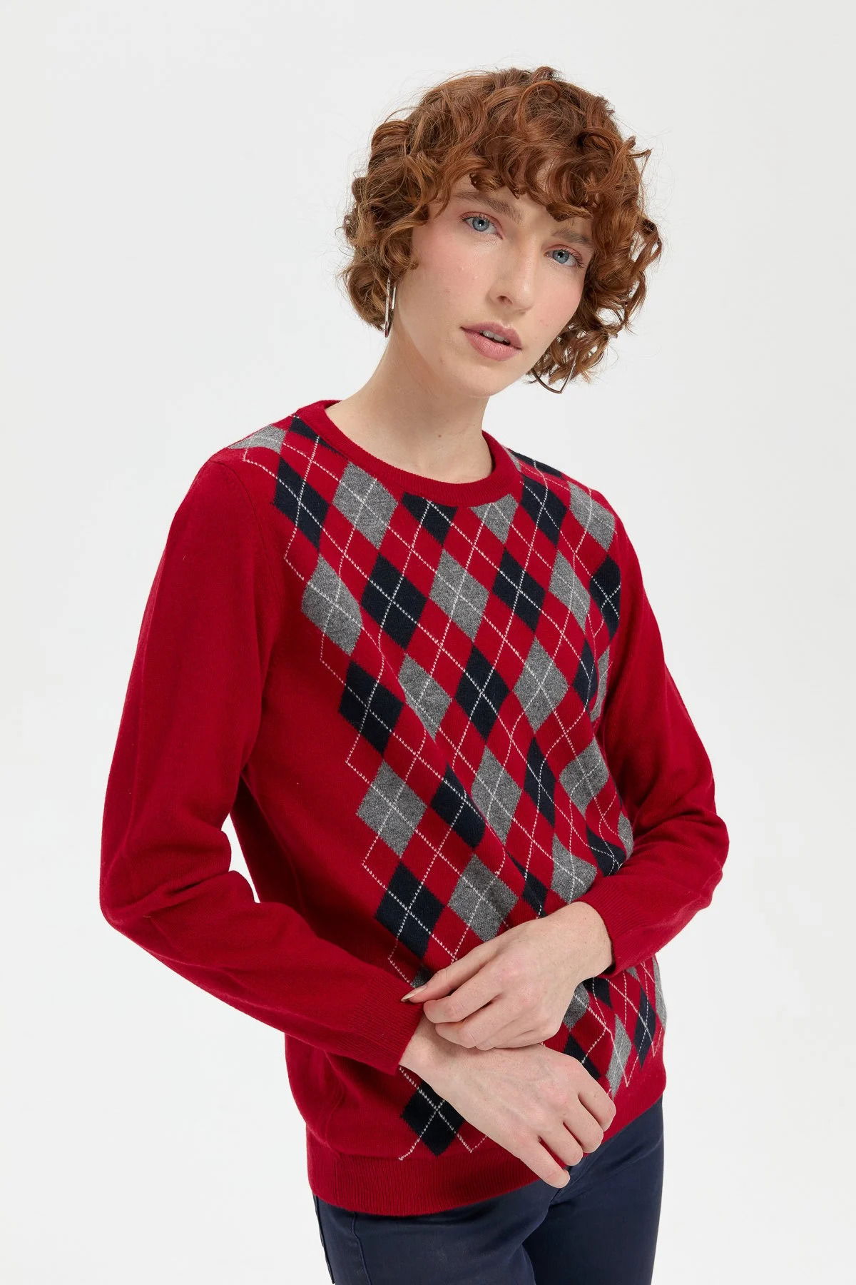 Desen Triko Kadın Sıfır Yaka Önü Baklava Desenli Yün Kazak 24035 K.Kırmızı - 1