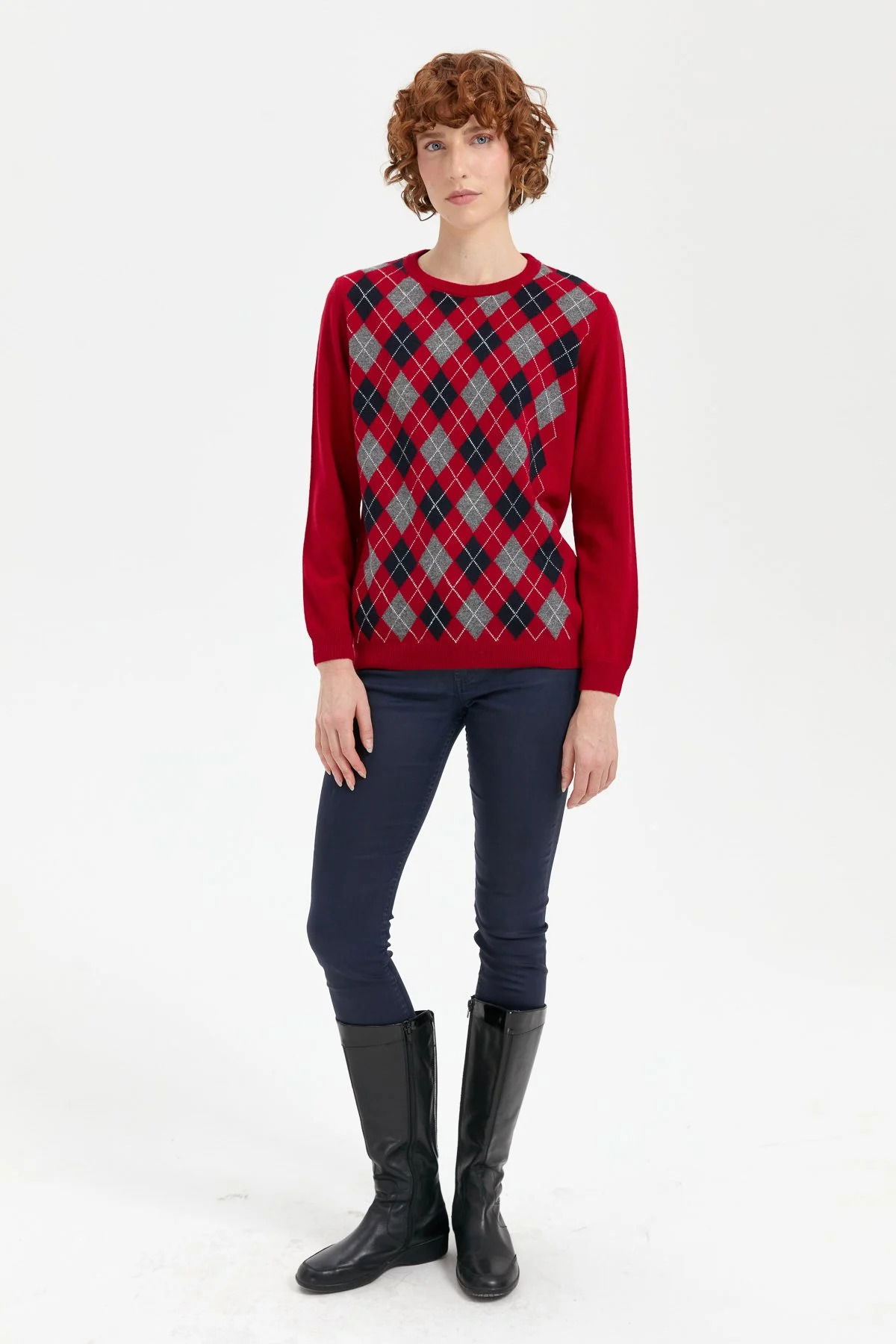 Desen Triko Kadın Sıfır Yaka Önü Baklava Desenli Yün Kazak 24035 K.Kırmızı - 2