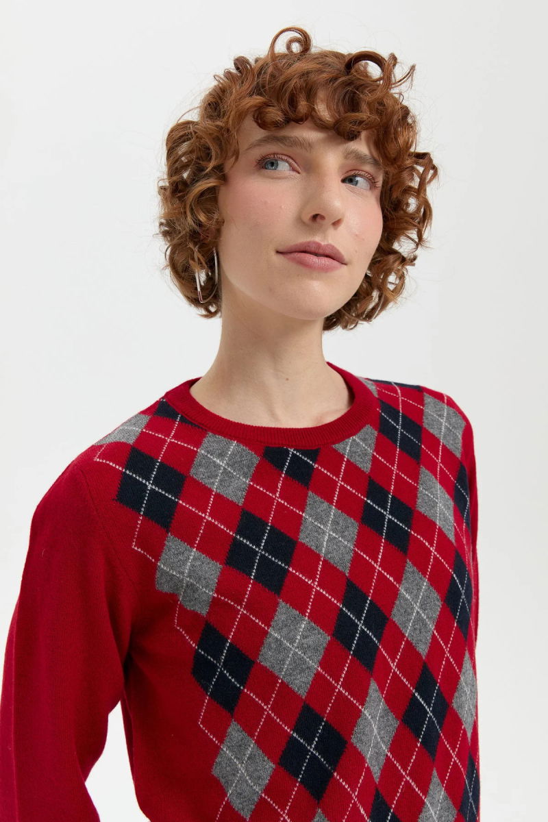 Desen Triko Kadın Sıfır Yaka Önü Baklava Desenli Yün Kazak 24035 K.Kırmızı - 3