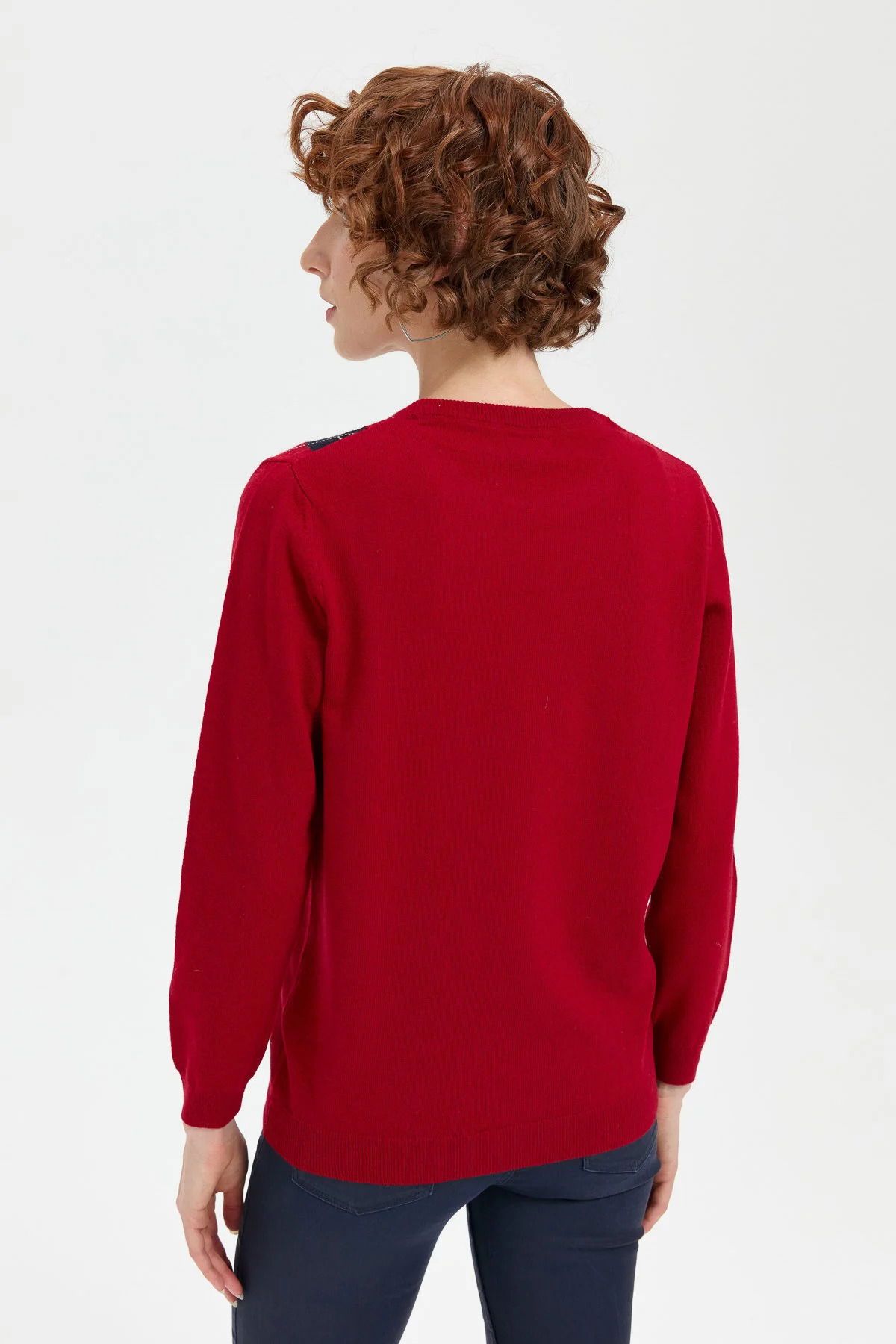 Desen Triko Kadın Sıfır Yaka Önü Baklava Desenli Yün Kazak 24035 K.Kırmızı - 4