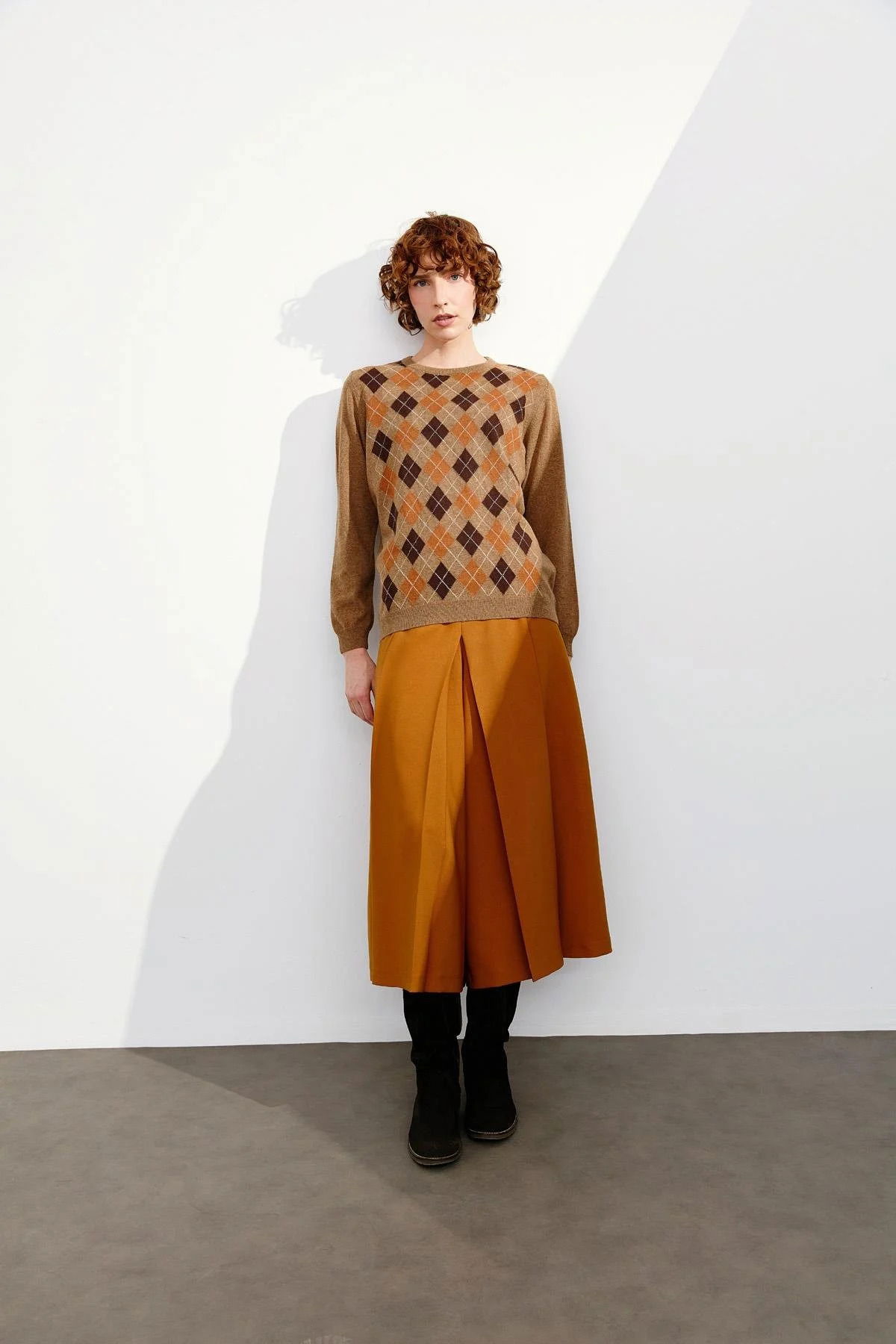 Desen Triko Kadın Sıfır Yaka Önü Baklava Desenli Yün Kazak 24035 V. Camel - 1