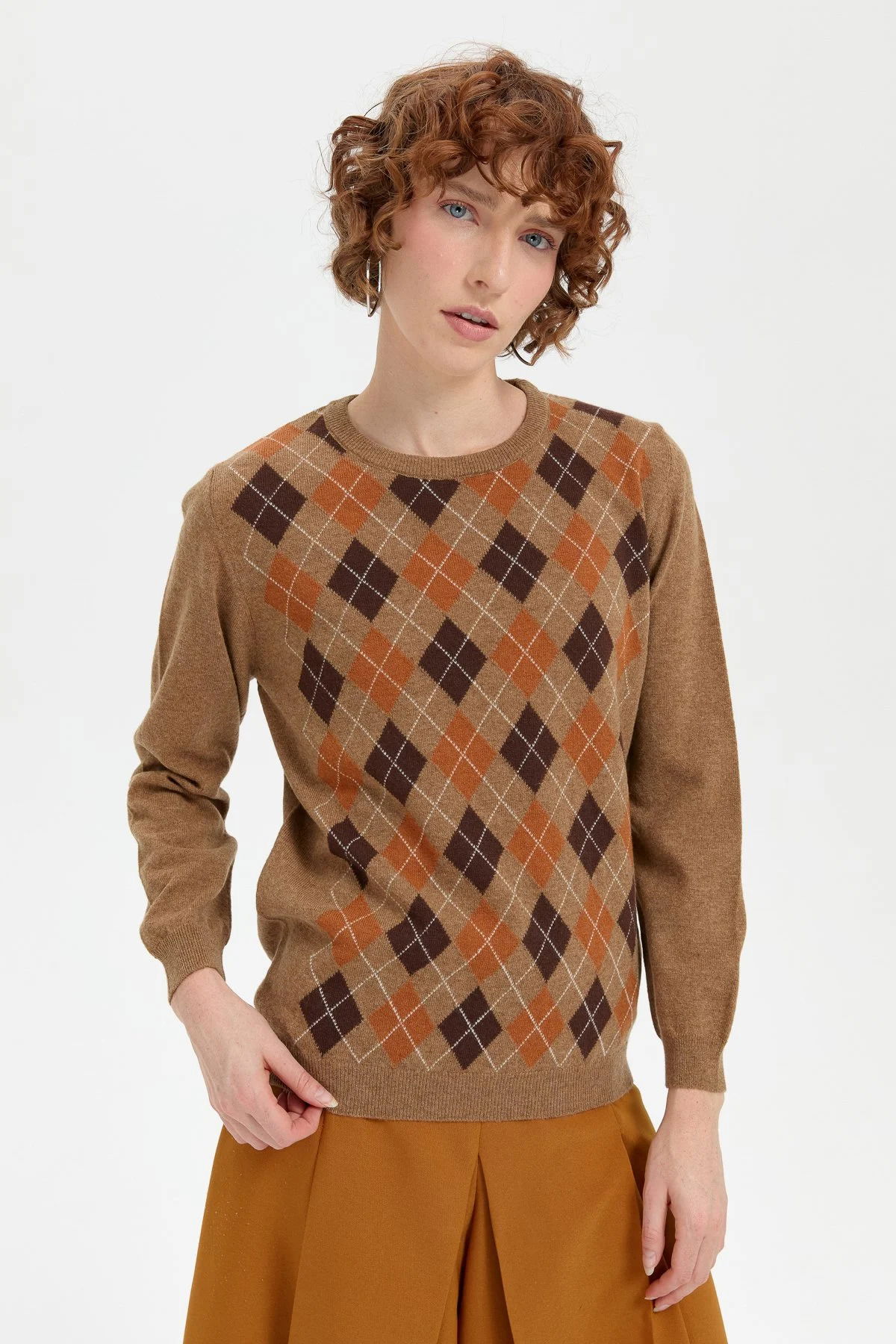 Desen Triko Kadın Sıfır Yaka Önü Baklava Desenli Yün Kazak 24035 V. Camel - 2