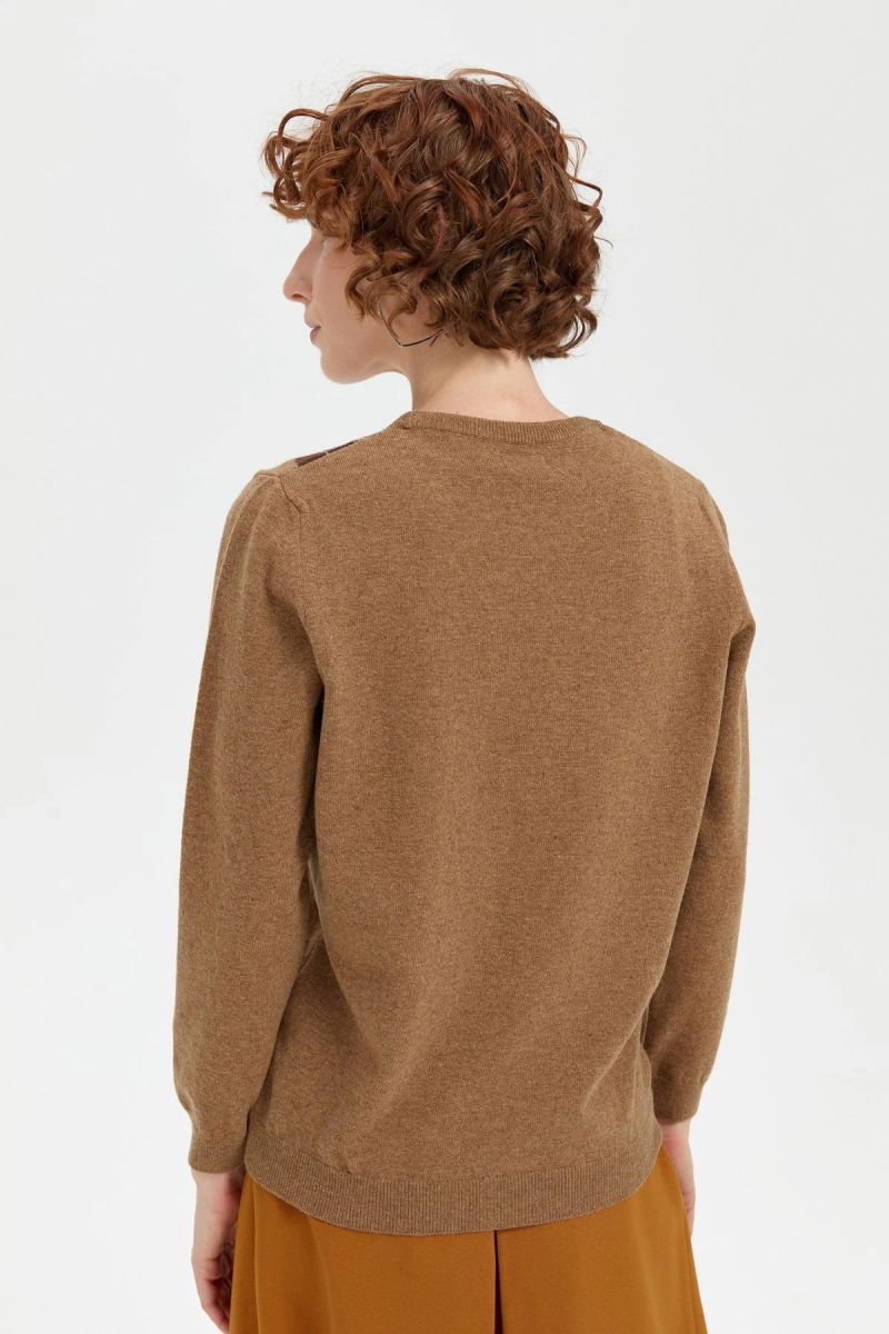 Desen Triko Kadın Sıfır Yaka Önü Baklava Desenli Yün Kazak 24035 V. Camel - 4