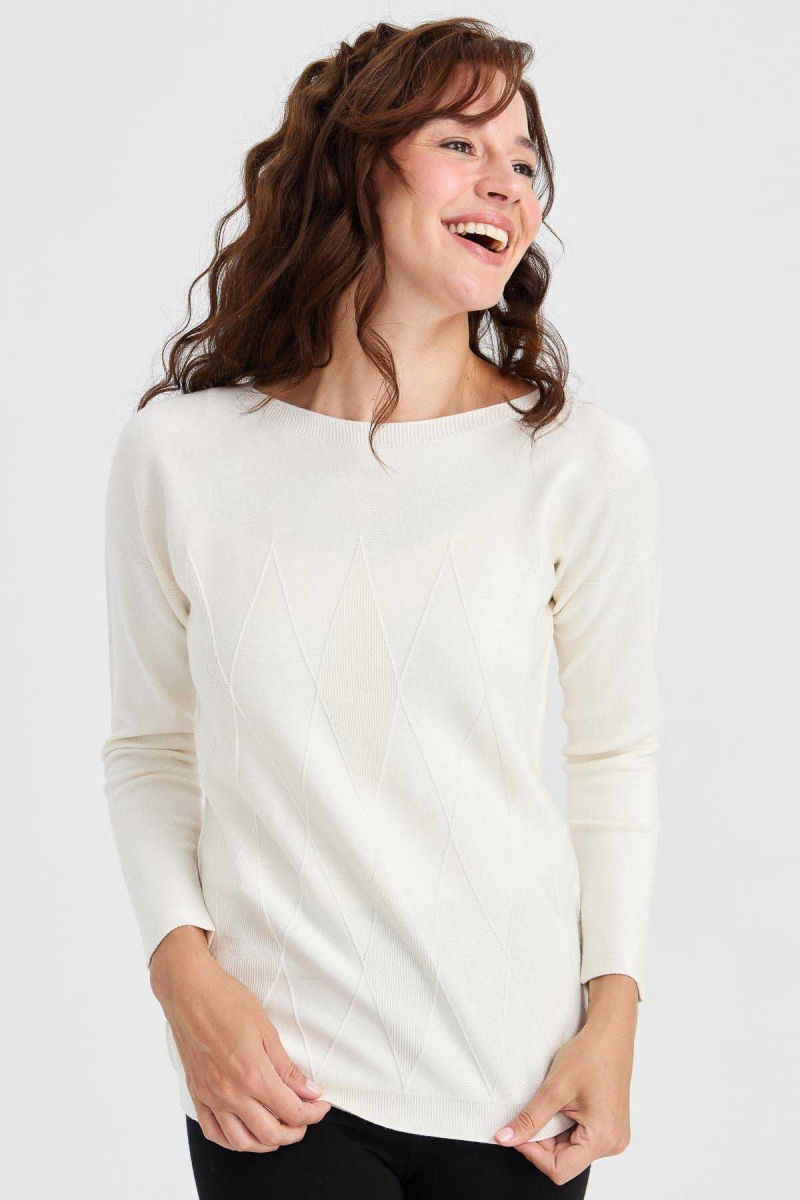 Desen Triko Kadın Sıfır Yaka Önü Baklava Örgü Kazak 23155 Kemik - 3