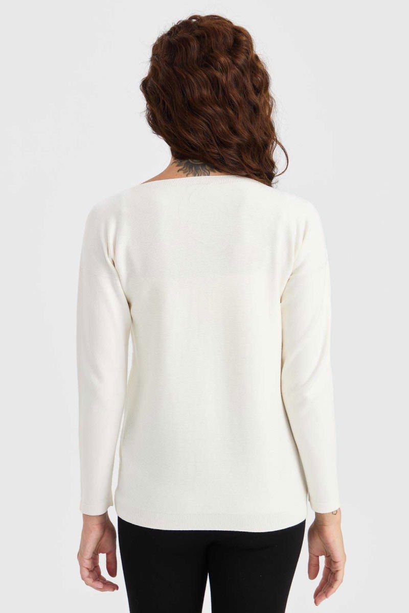 Desen Triko Kadın Sıfır Yaka Önü Baklava Örgü Kazak 23155 Kemik - 4