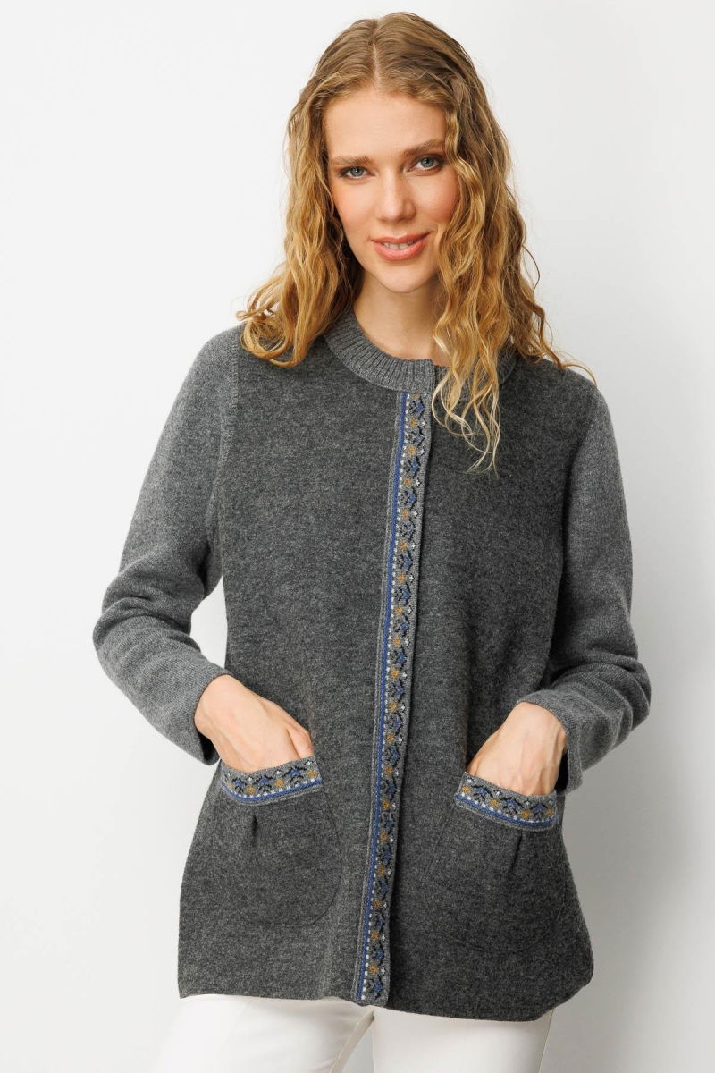 Desen Triko Kadın Sıfır Yaka Önü Keçe Kısa Yün Ceket 25018 Füme - Desen Triko