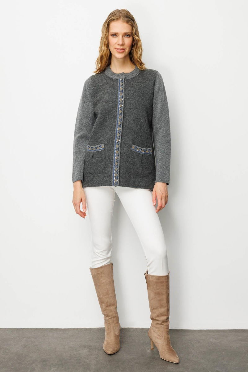Desen Triko Kadın Sıfır Yaka Önü Keçe Kısa Yün Ceket 25018 Füme - 2