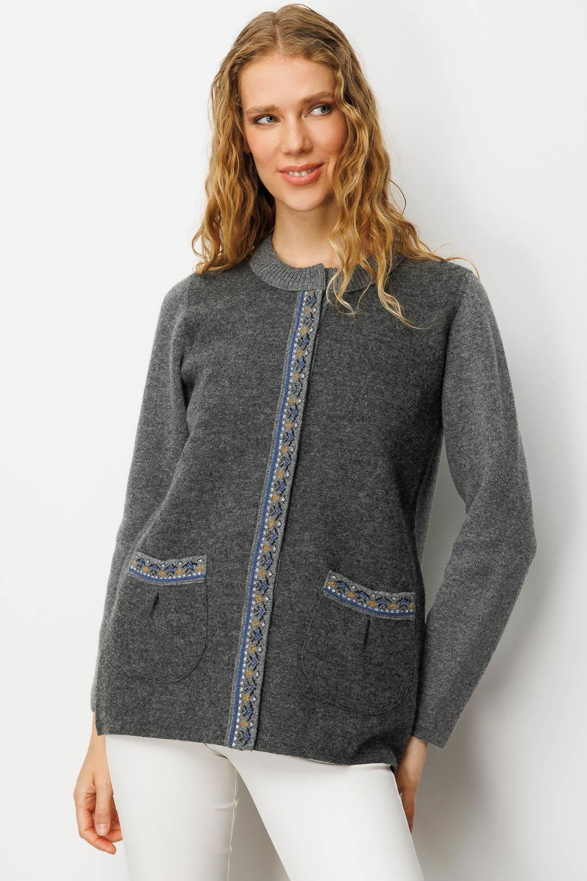 Desen Triko Kadın Sıfır Yaka Önü Keçe Kısa Yün Ceket 25018 Füme - 3