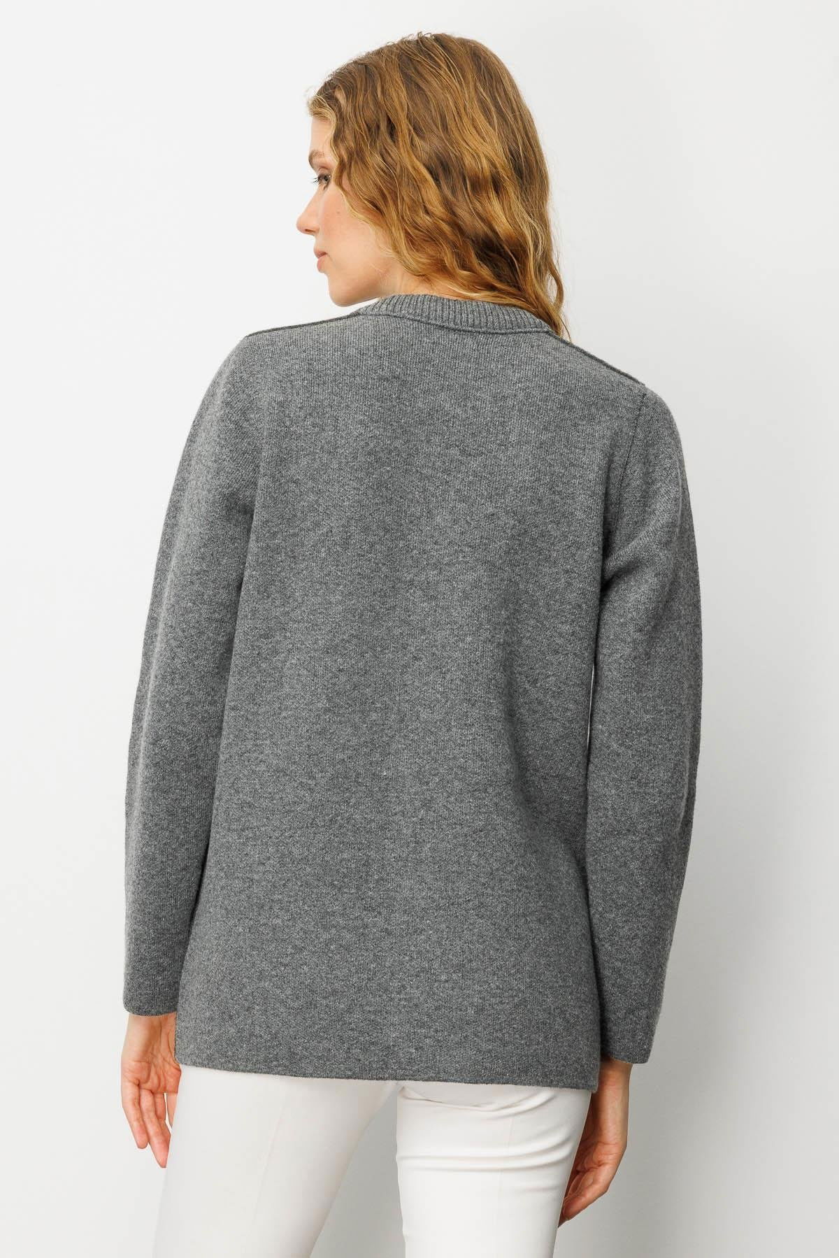 Desen Triko Kadın Sıfır Yaka Önü Keçe Kısa Yün Ceket 25018 Füme - 4