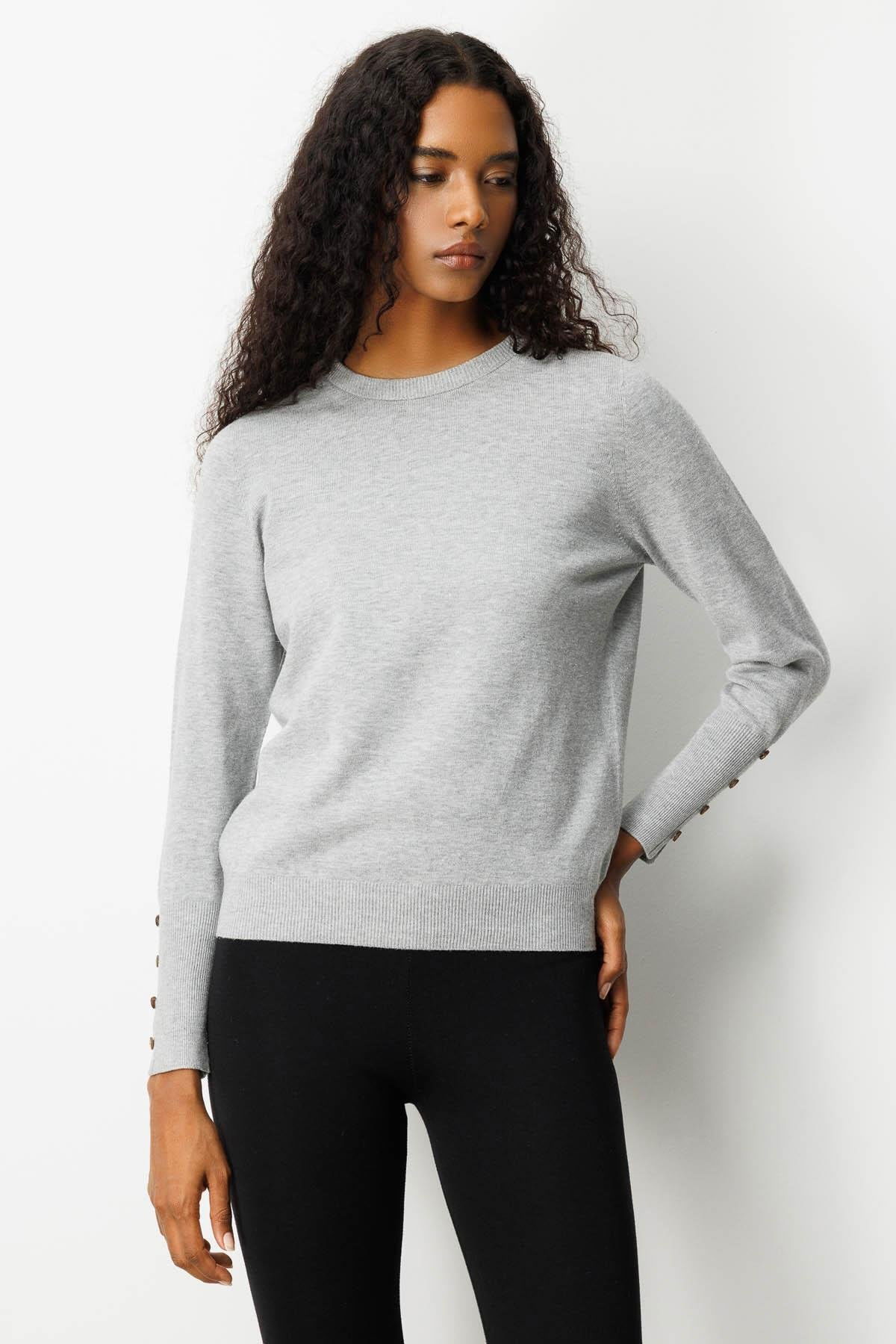 Desen Triko Kadın Sıfır Yaka Önü Kısa Arkası Uzun Bluz 23331 Gri - 1