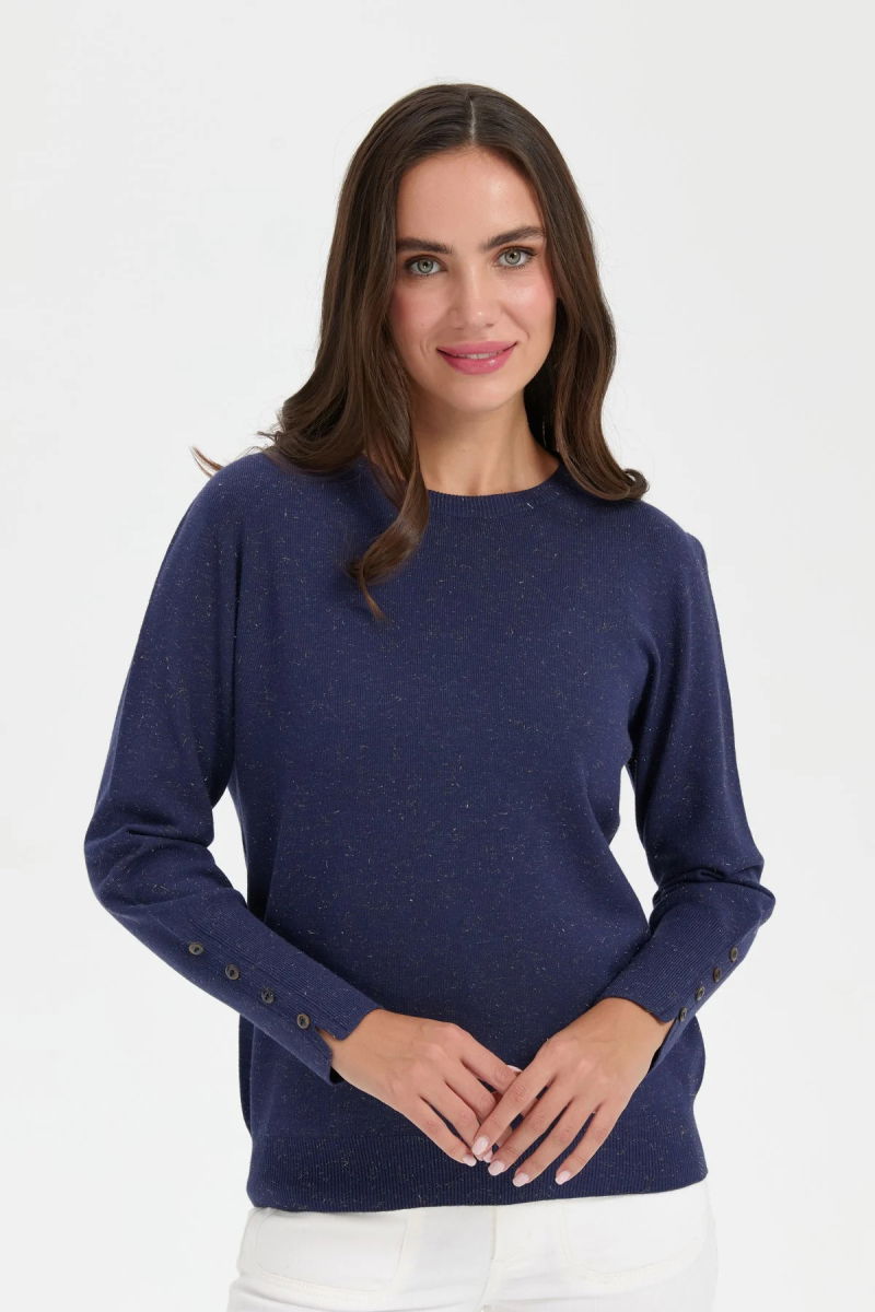 Desen Triko Kadın Sıfır Yaka Önü Kısa Arkası Uzun Bluz 23331 Indigo - Desen Triko