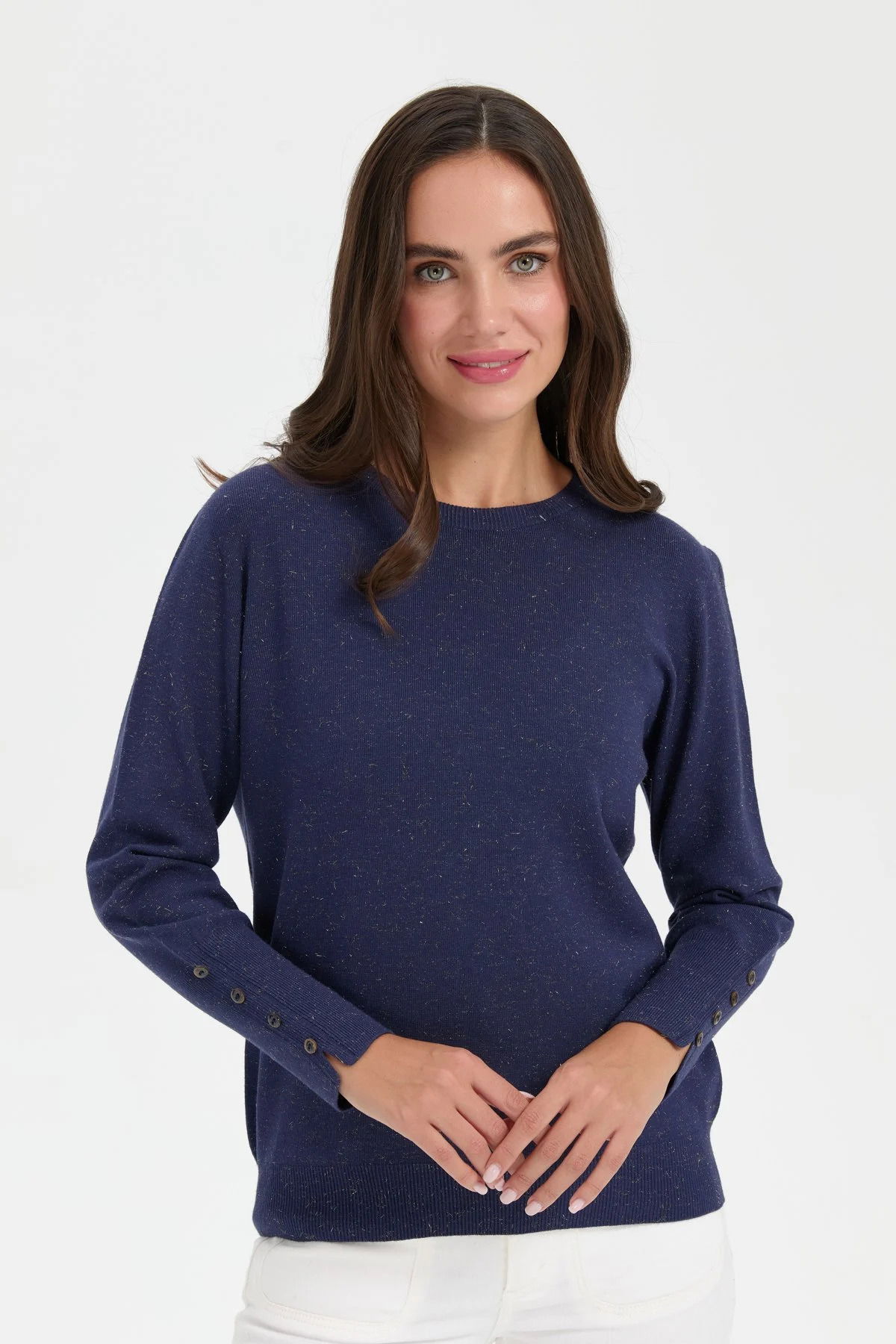 Desen Triko Kadın Sıfır Yaka Önü Kısa Arkası Uzun Bluz 23331 Indigo - 1