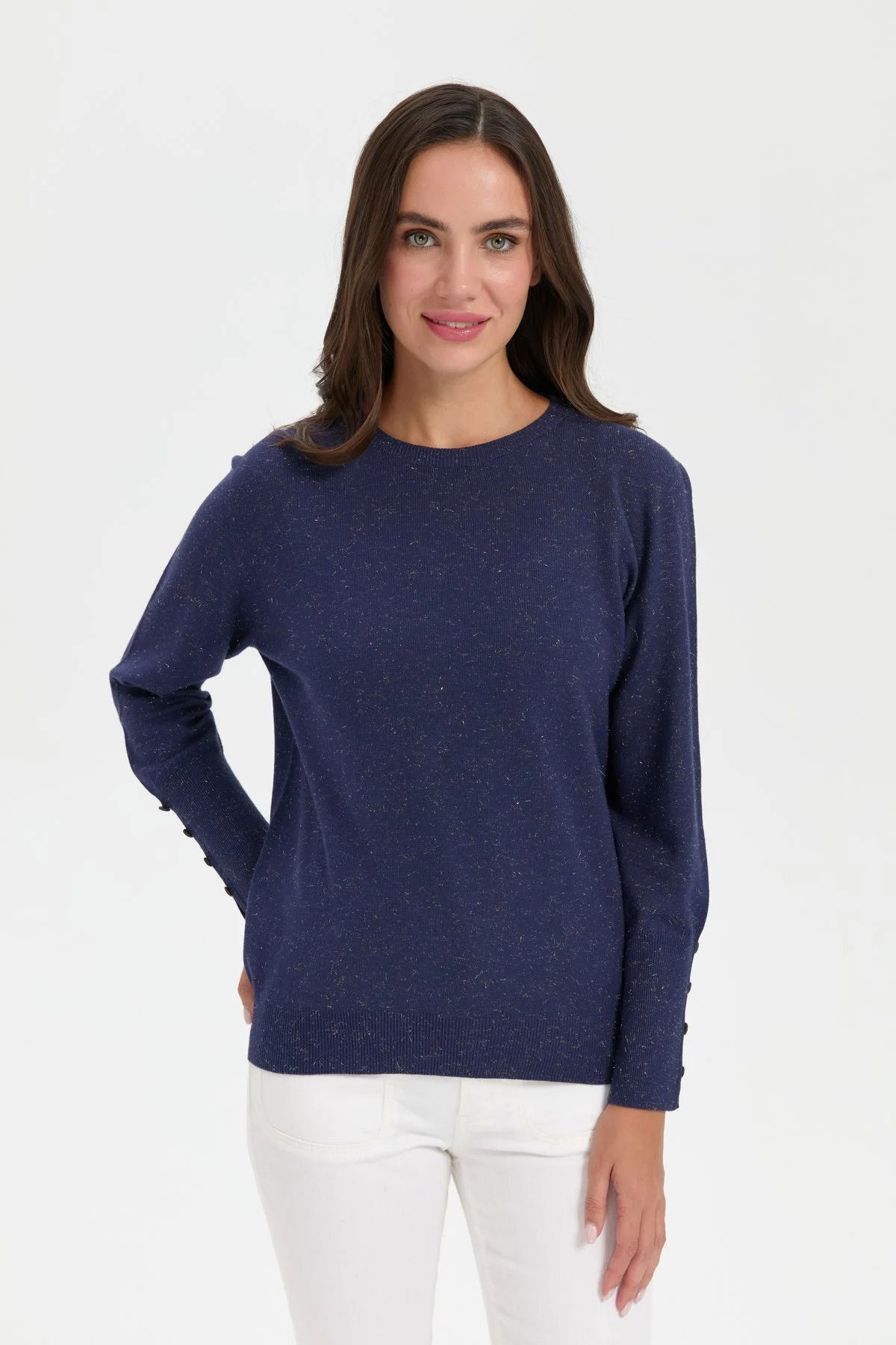 Desen Triko Kadın Sıfır Yaka Önü Kısa Arkası Uzun Bluz 23331 Indigo - 3