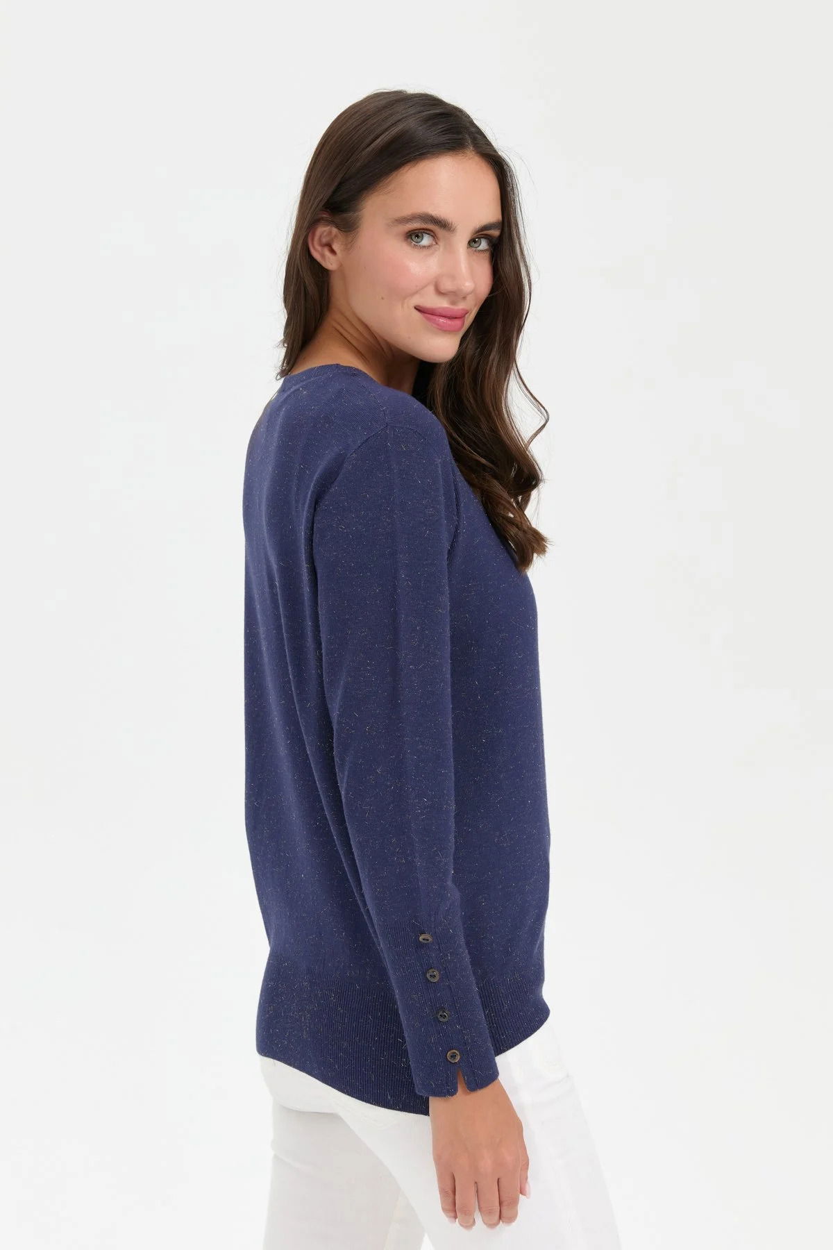 Desen Triko Kadın Sıfır Yaka Önü Kısa Arkası Uzun Bluz 23331 Indigo - 4