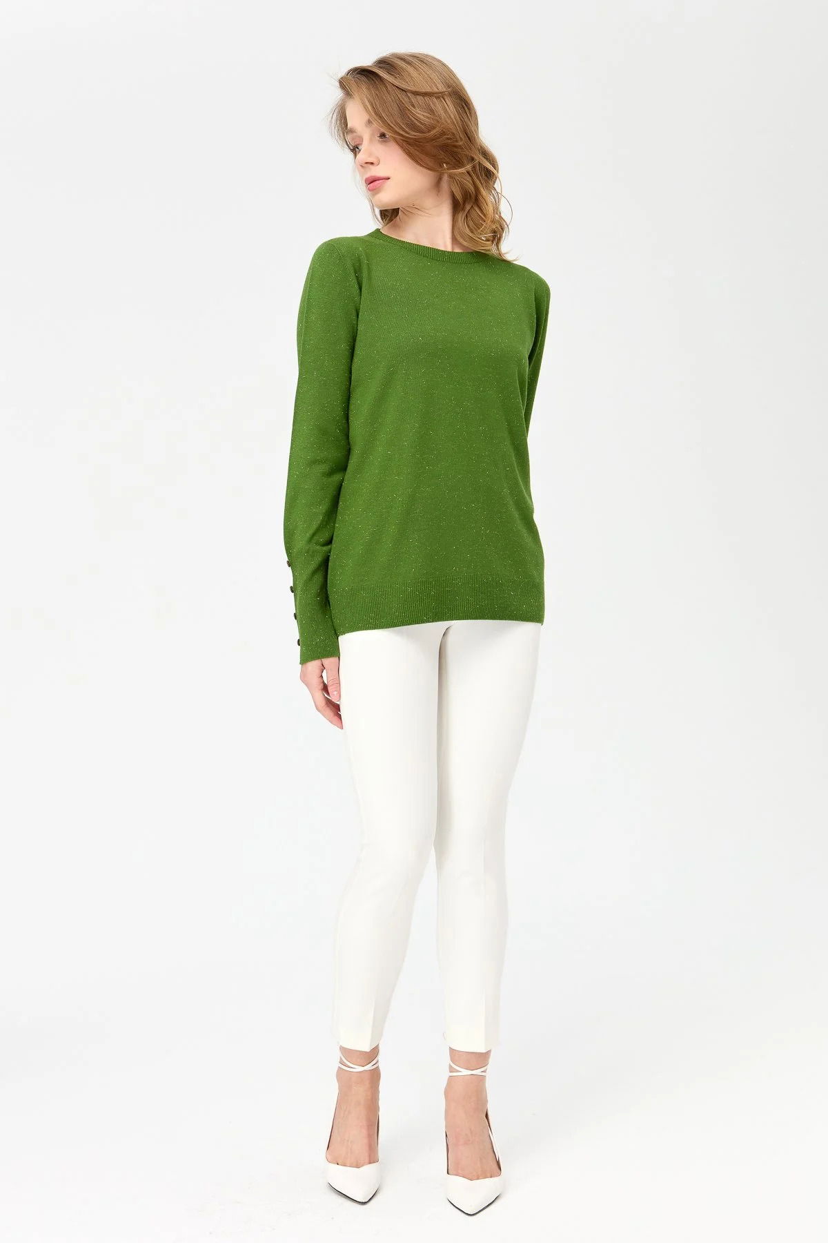 Desen Triko Kadın Sıfır Yaka Önü Kısa Arkası Uzun Bluz 23331 K.Yosun - 3