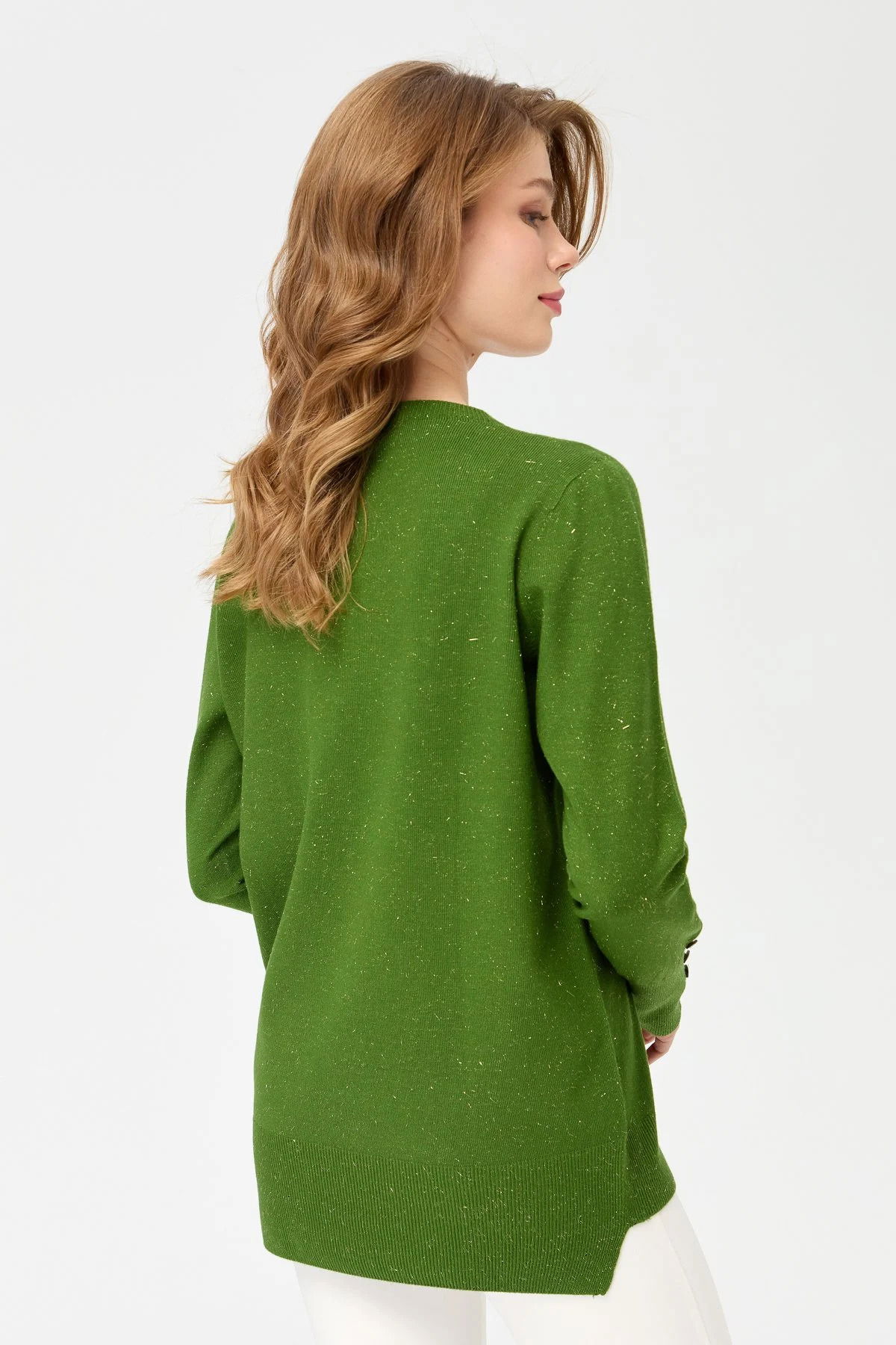 Desen Triko Kadın Sıfır Yaka Önü Kısa Arkası Uzun Bluz 23331 K.Yosun - 4