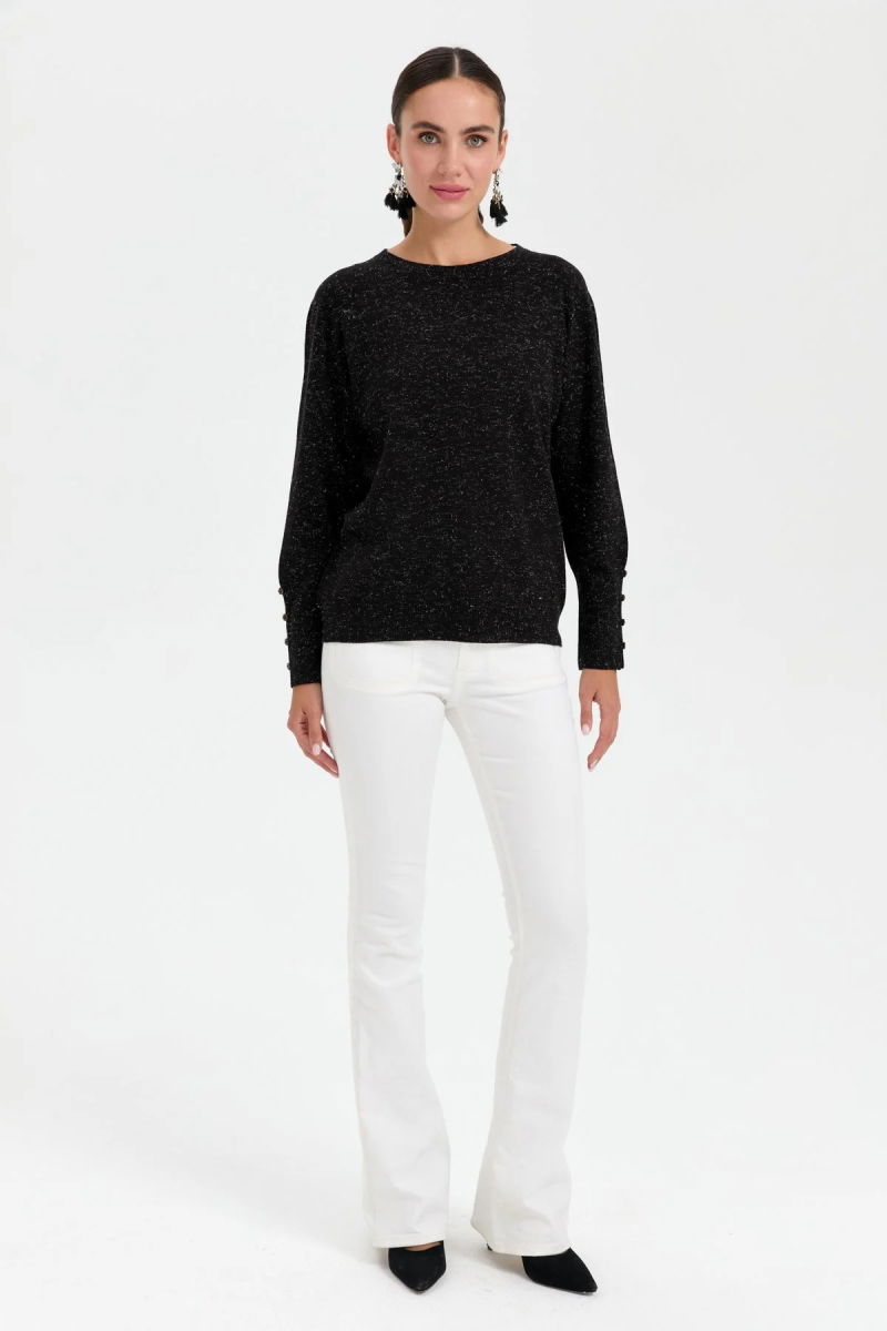 Desen Triko Kadın Sıfır Yaka Önü Kısa Arkası Uzun Bluz 23331 Siyah - Desen Triko