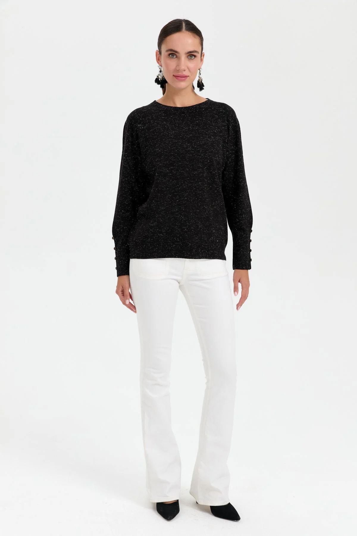 Desen Triko Kadın Sıfır Yaka Önü Kısa Arkası Uzun Bluz 23331 Siyah - 1