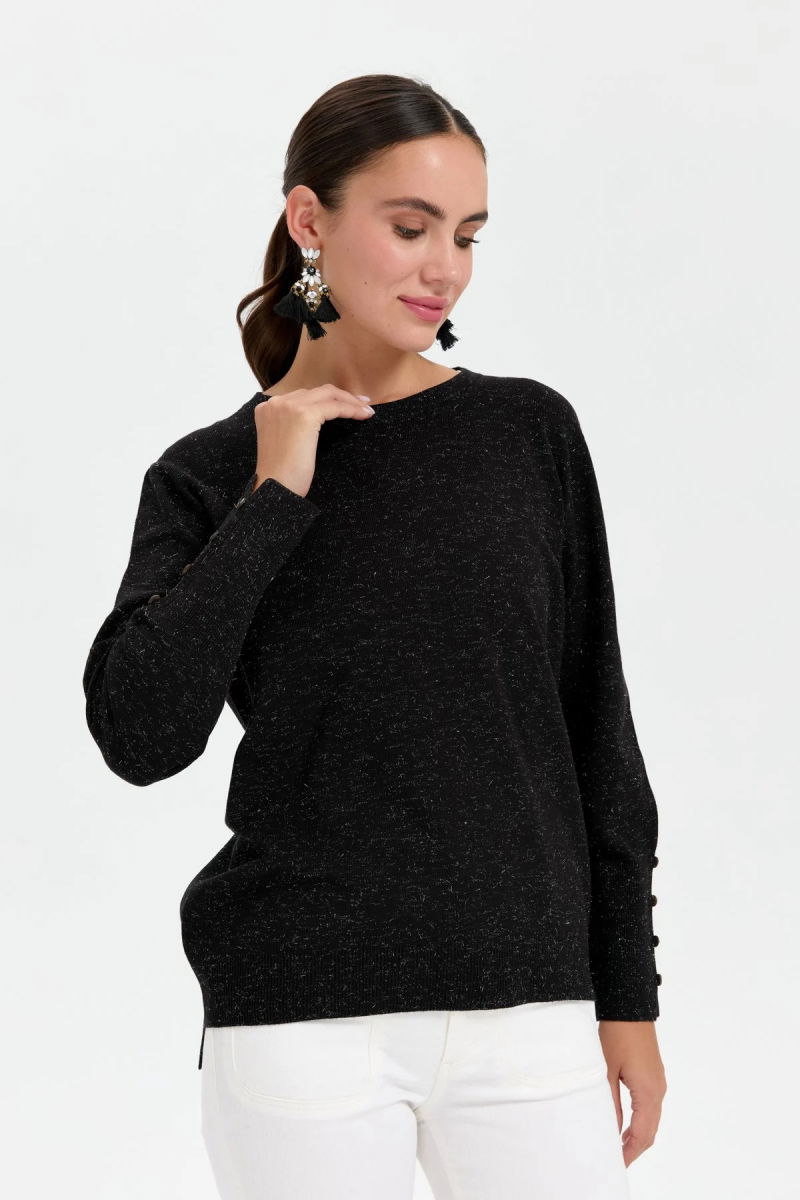 Desen Triko Kadın Sıfır Yaka Önü Kısa Arkası Uzun Bluz 23331 Siyah - 2