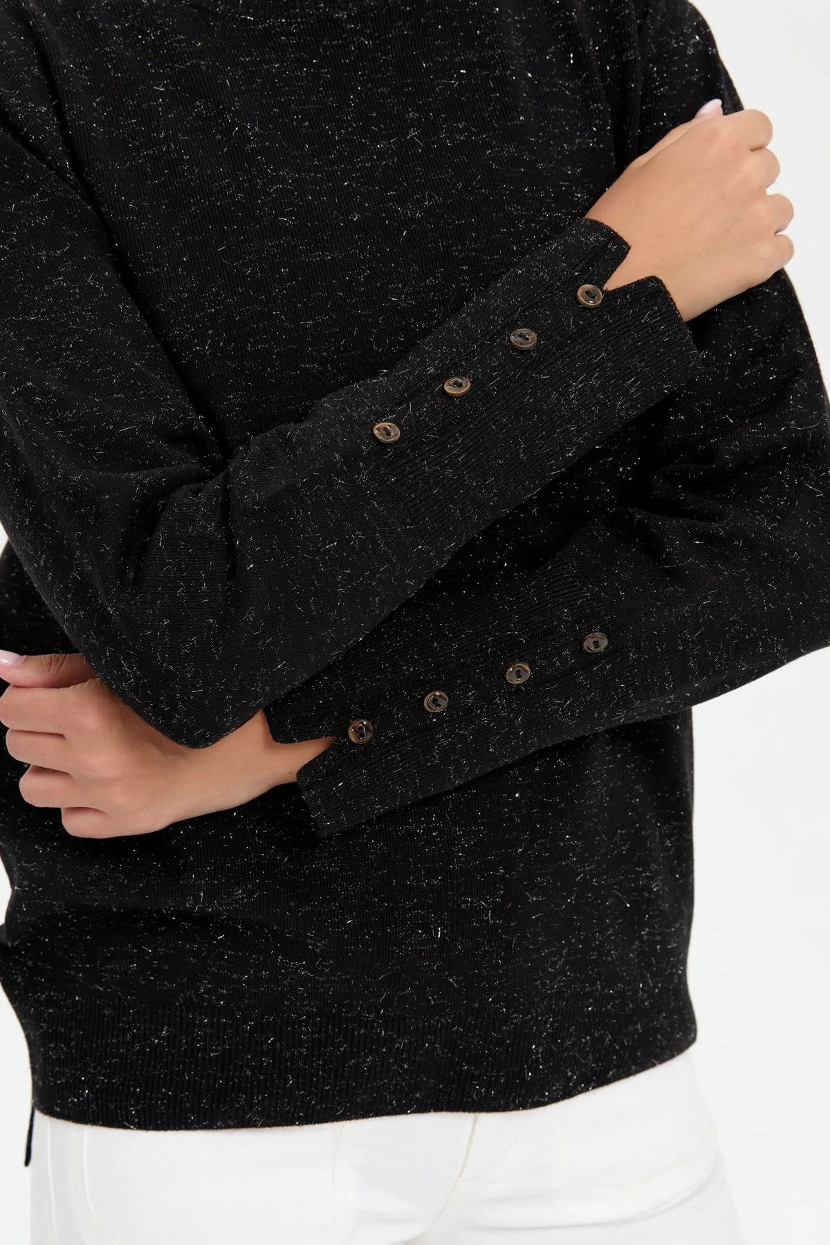 Desen Triko Kadın Sıfır Yaka Önü Kısa Arkası Uzun Bluz 23331 Siyah - 3