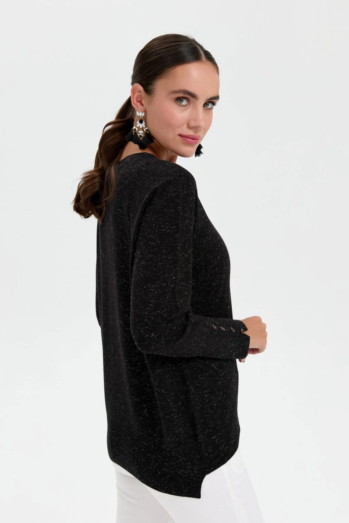 Desen Triko Kadın Sıfır Yaka Önü Kısa Arkası Uzun Bluz 23331 Siyah - 4