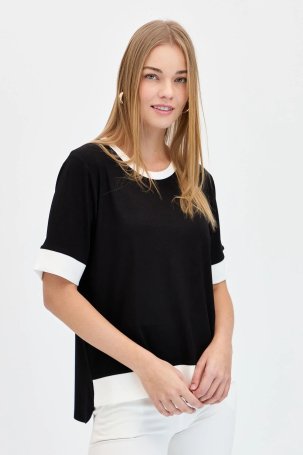 Desen Triko Kadın Sıfır Yaka Önü Kısa Penye T-Shirt 23771 Siyah - 1