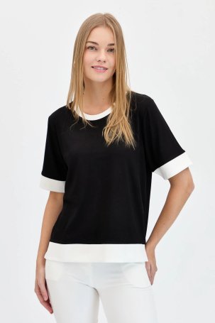 Desen Triko Kadın Sıfır Yaka Önü Kısa Penye T-Shirt 23771 Siyah - 3