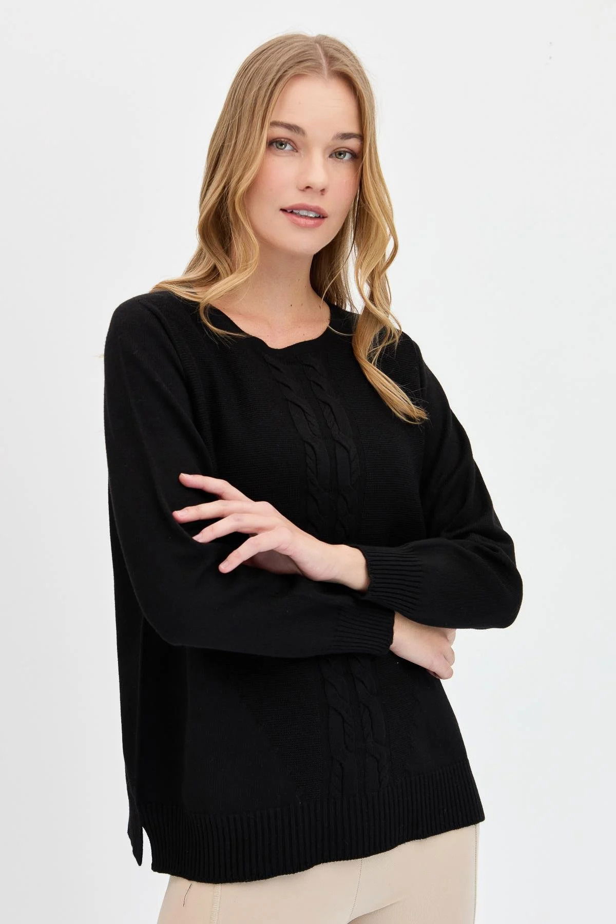 Desen Triko Kadın Sıfır Yaka Önü Saç Örgülü Kazak 24185 Siyah - 1