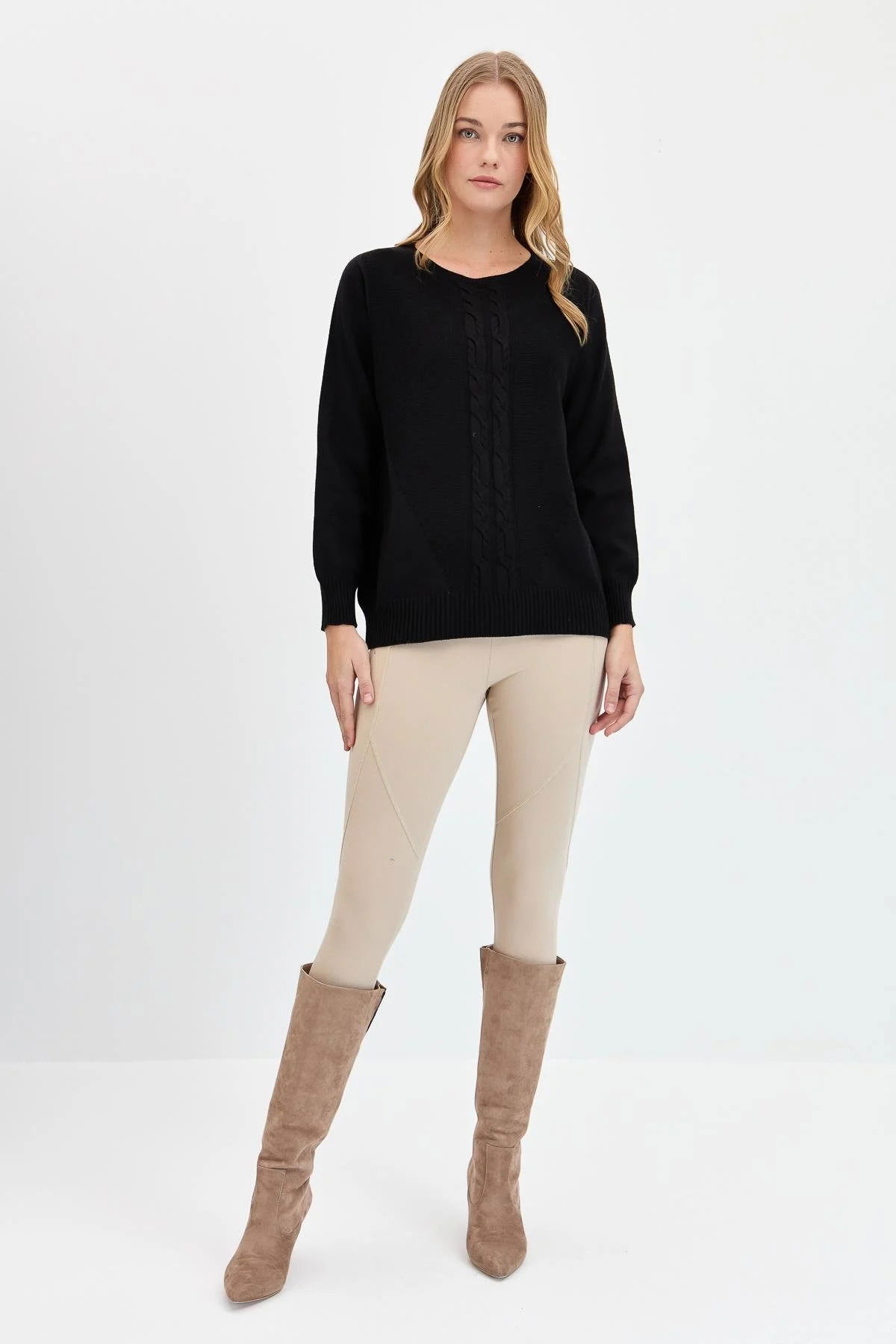 Desen Triko Kadın Sıfır Yaka Önü Saç Örgülü Kazak 24185 Siyah - 2