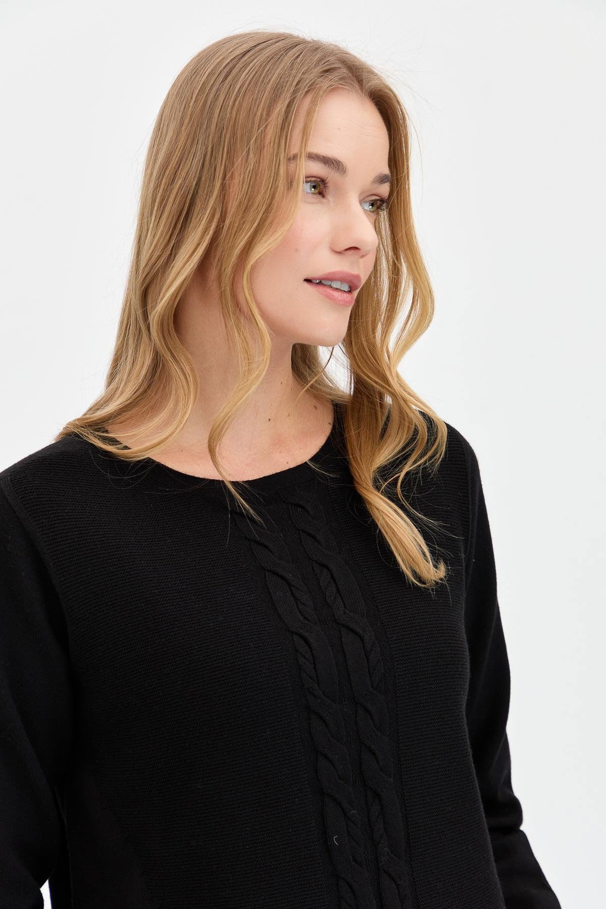 Desen Triko Kadın Sıfır Yaka Önü Saç Örgülü Kazak 24185 Siyah - 3