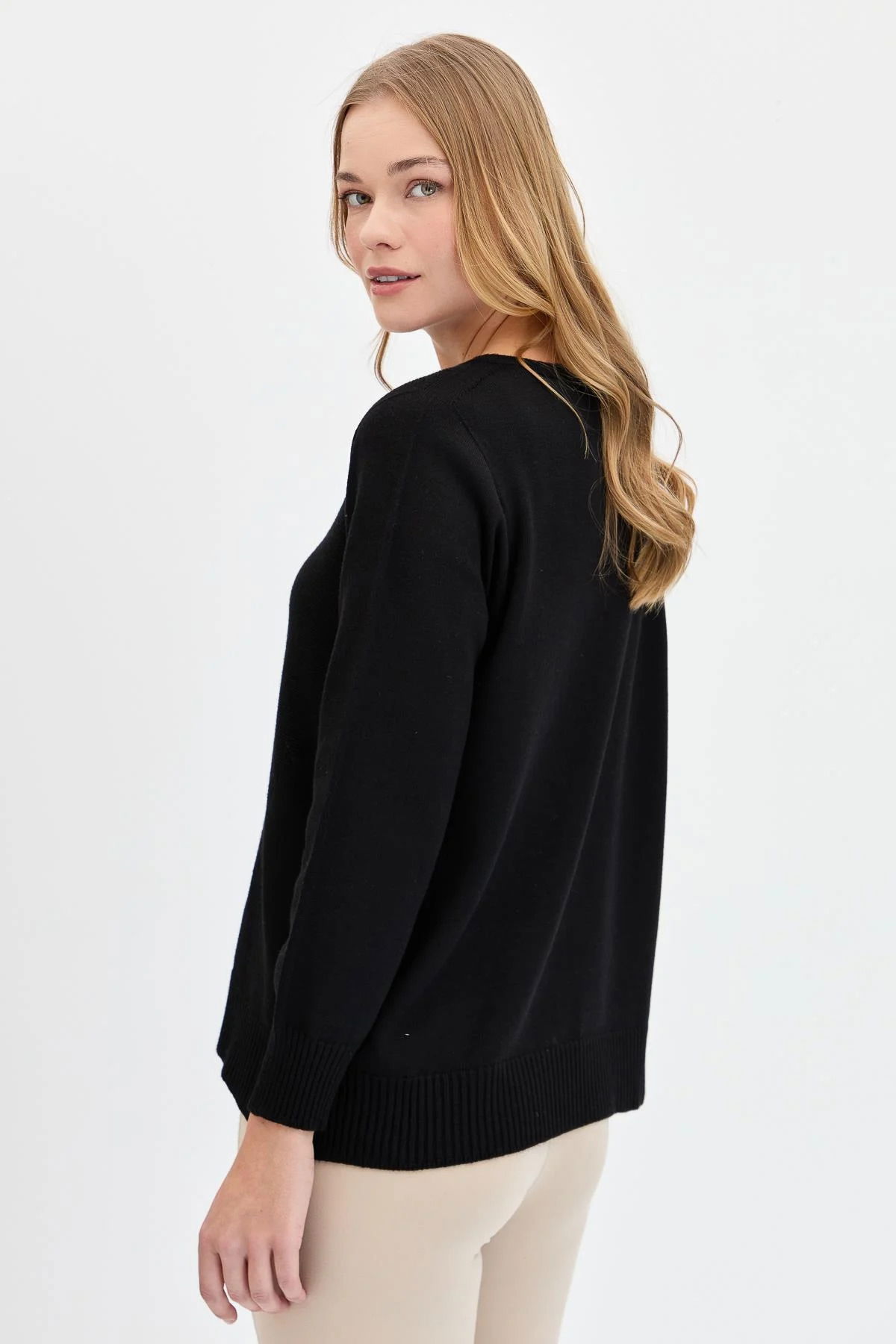 Desen Triko Kadın Sıfır Yaka Önü Saç Örgülü Kazak 24185 Siyah - 4