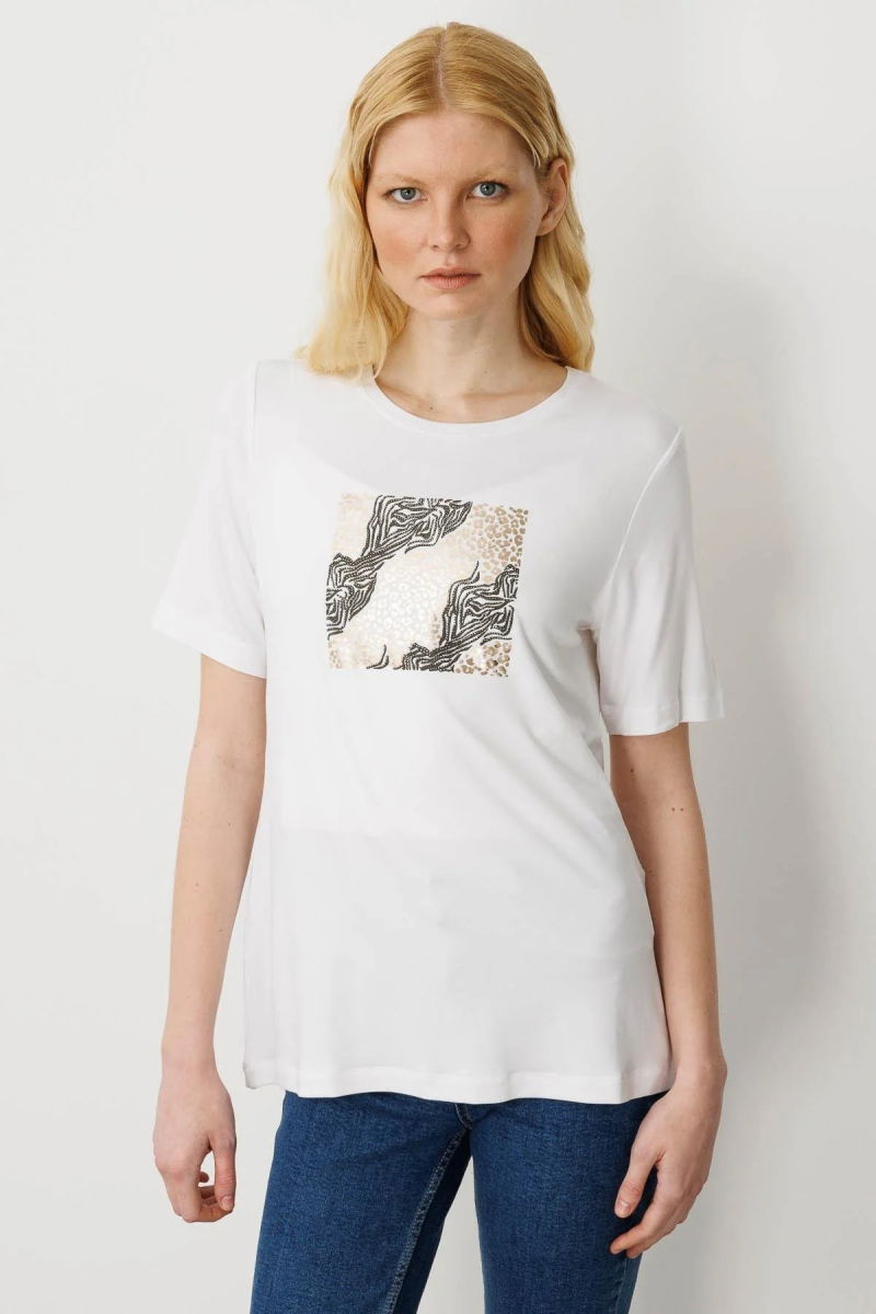 Desen Triko Kadın Sıfır Yaka Önü Taş Baskılı Penye T-Shirt 25834 Ekru - 1